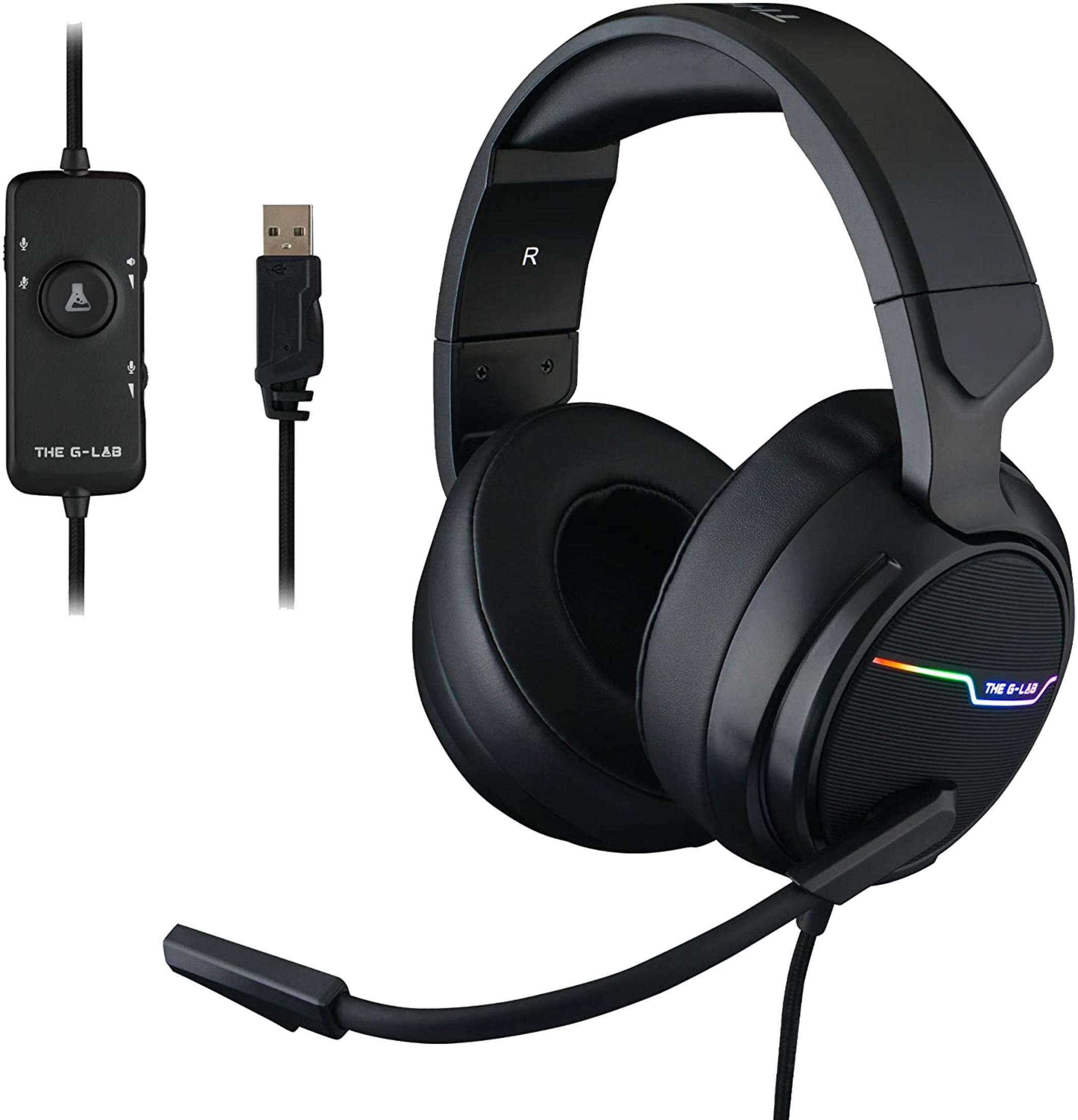 Cuffie da gaming nere con microfono, cavo USB e controlli in linea.