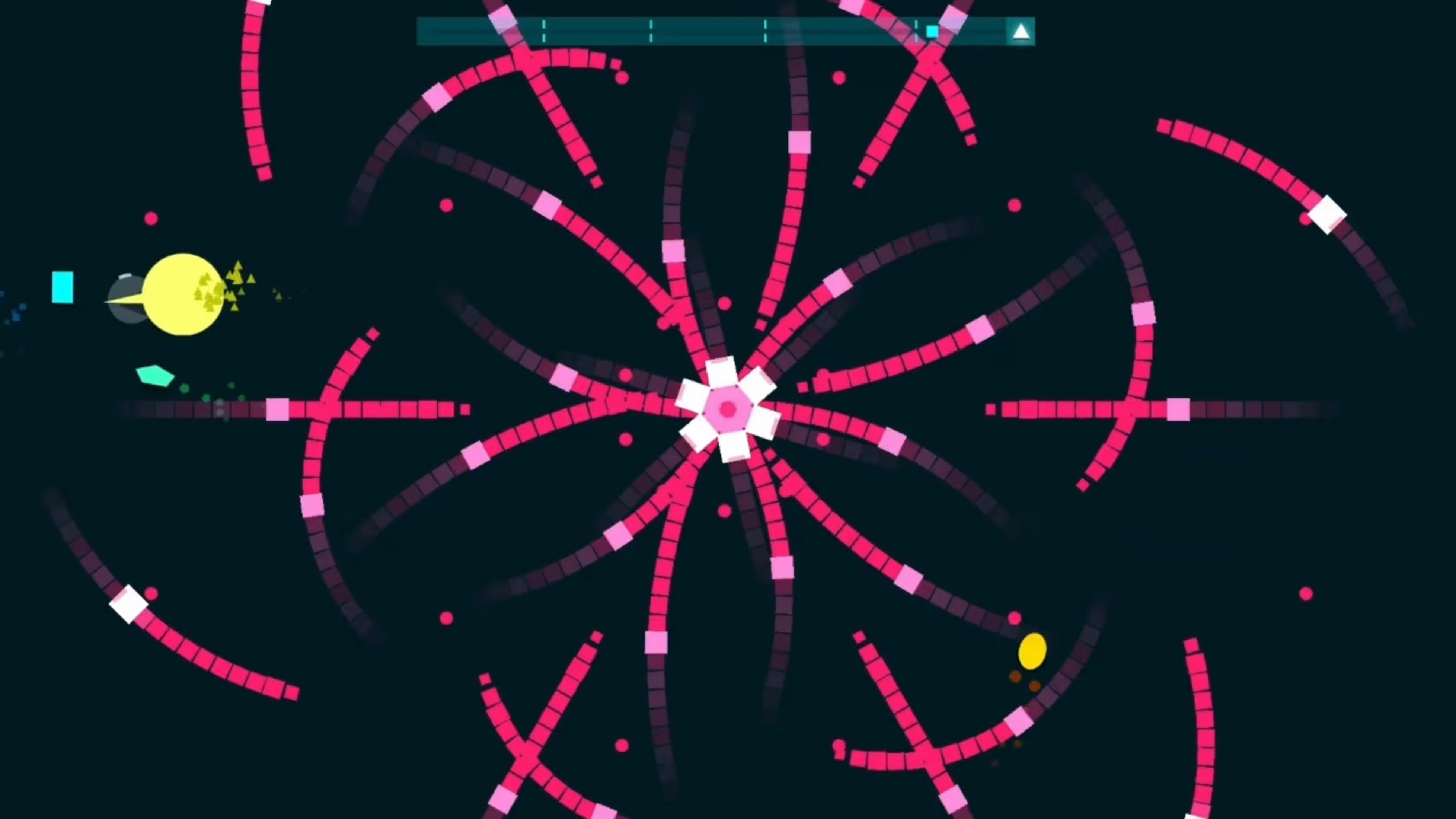 Animazione astratta con forme rosse e rosa su sfondo scuro.