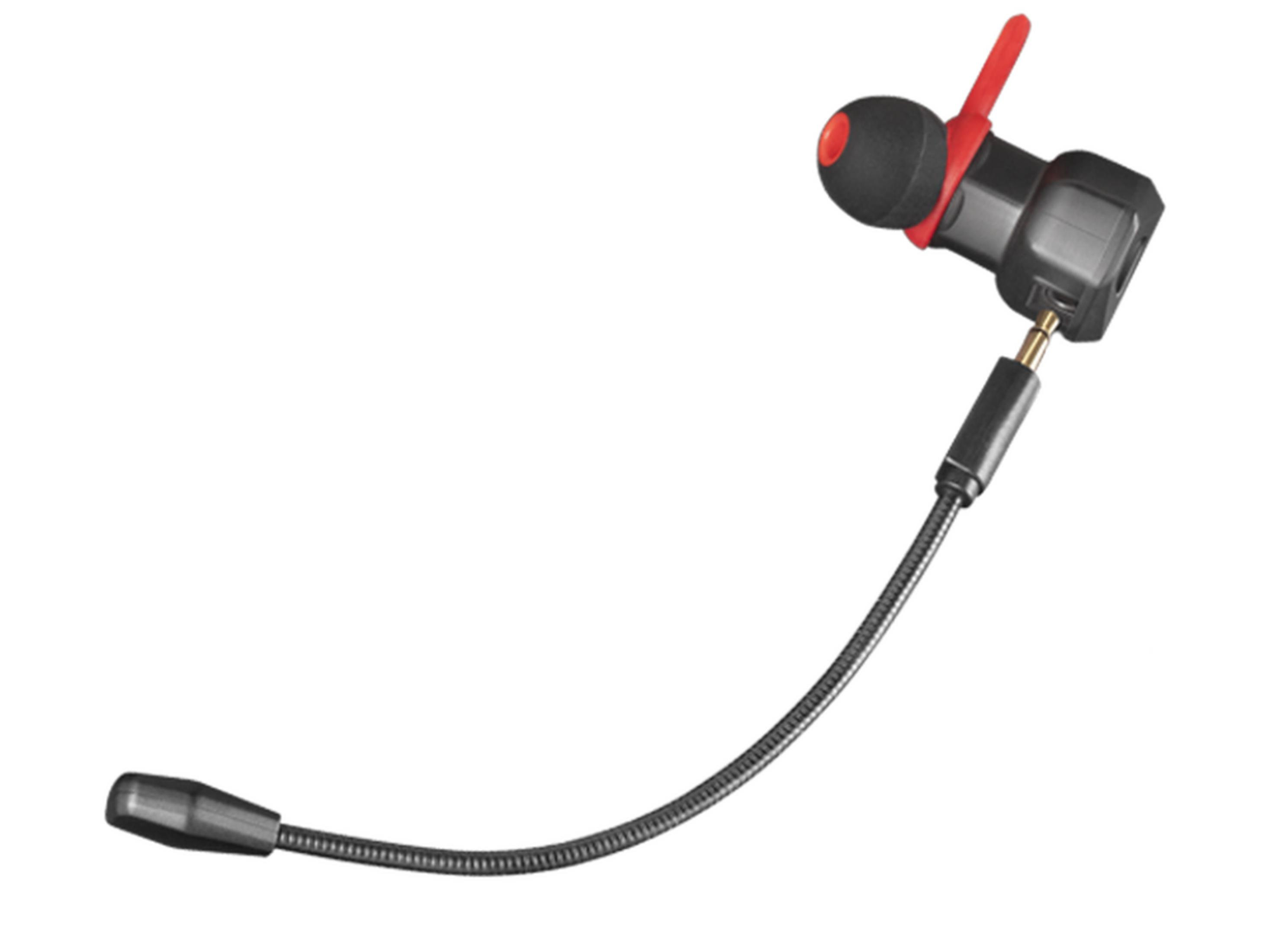 Un auricolare nero con accento rosso e braccio microfono flessibile.