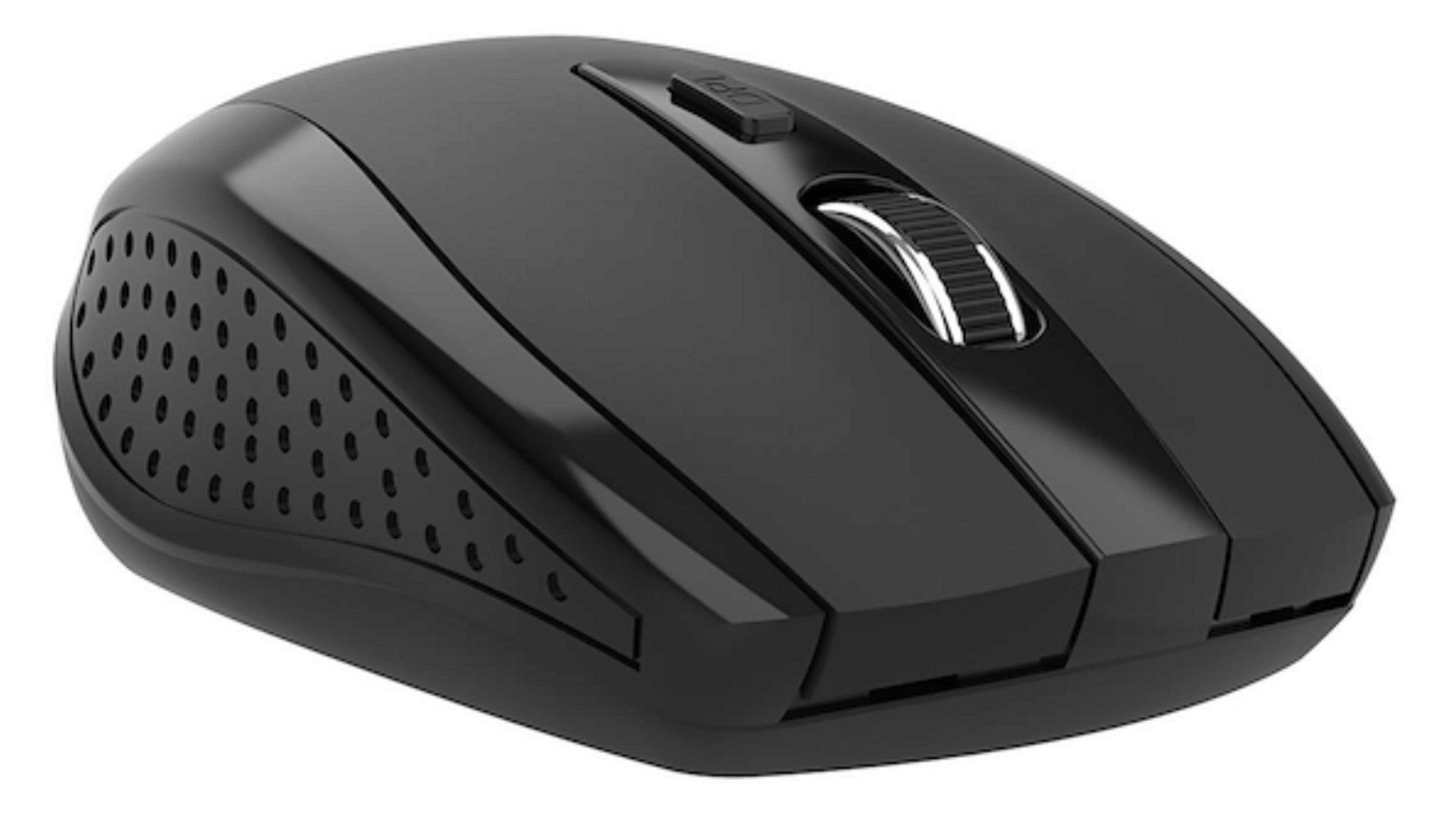 Black computer mouse with a scroll wheel and DPI button, on a white background.