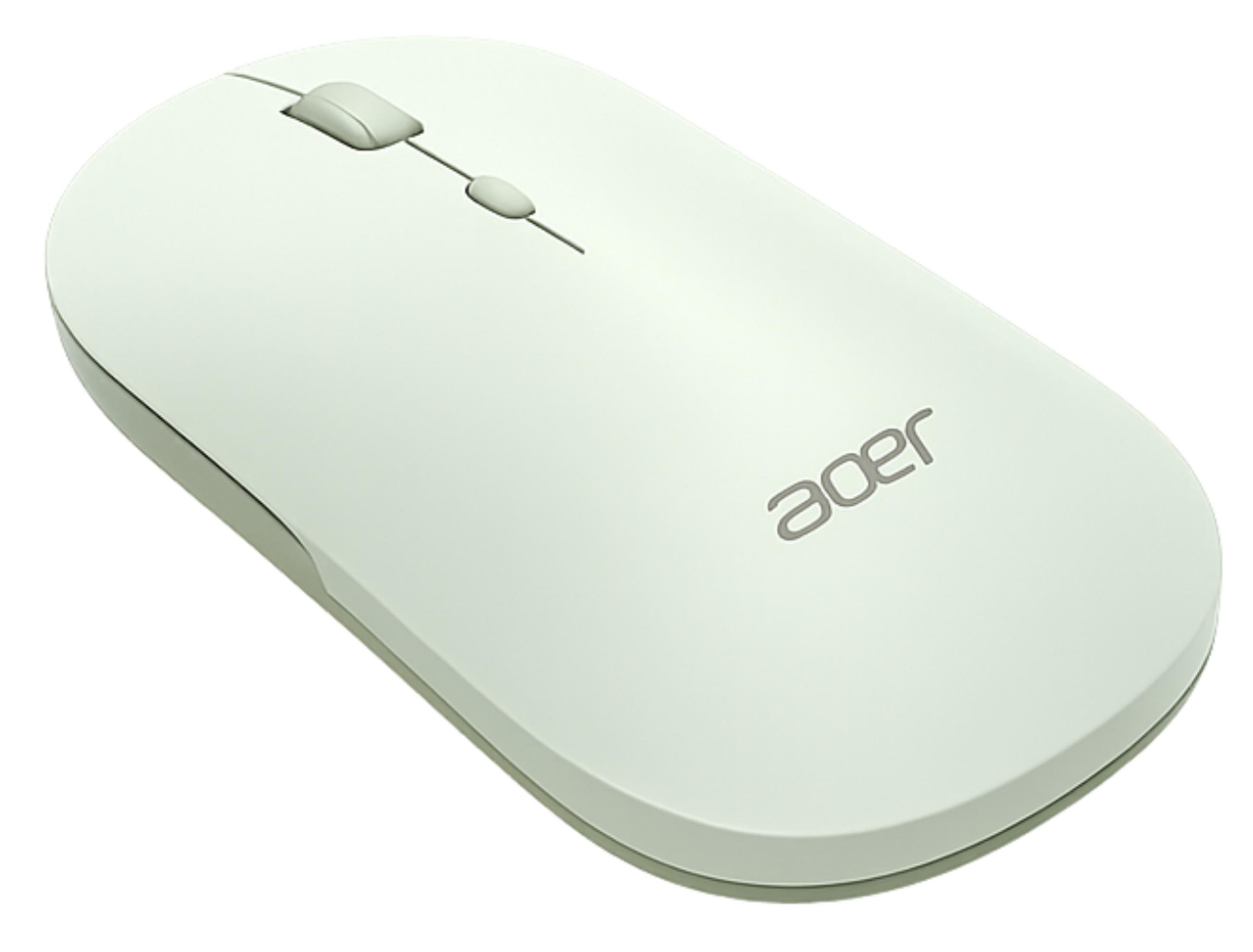 Un mouse da computer Acer bianco con due pulsanti e rotellina.
