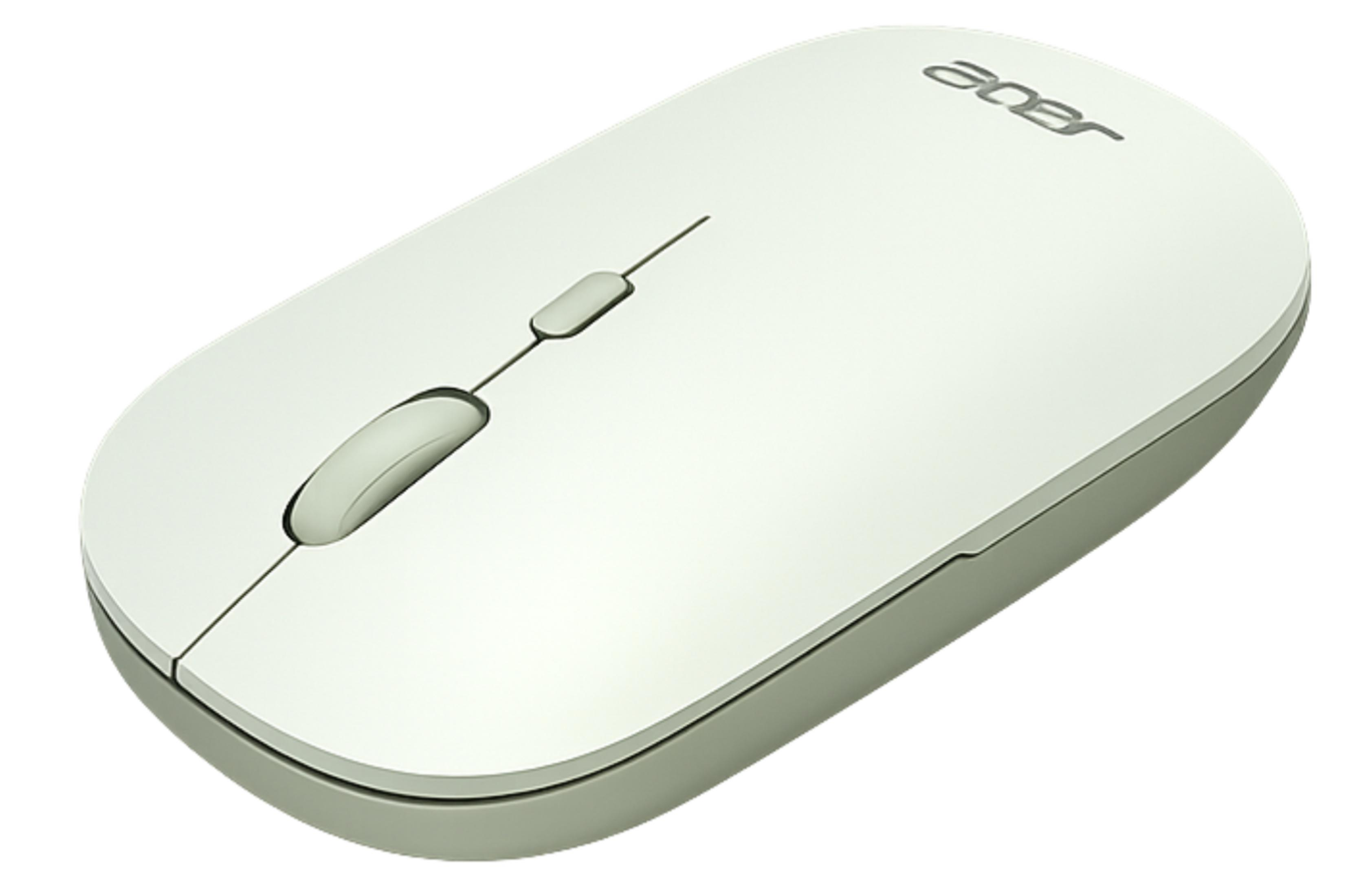 Un mouse Acer bianco con pulsanti e rotellina grigi.