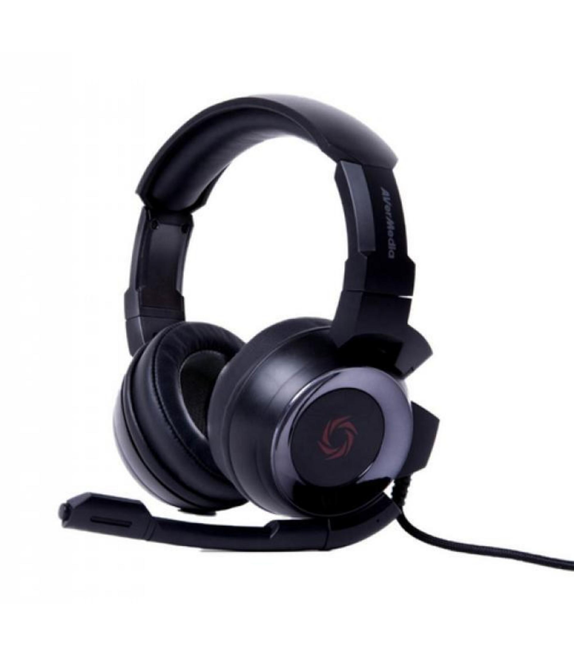 Auriculares negros con micrófono. Las copas tienen un logo rojo.