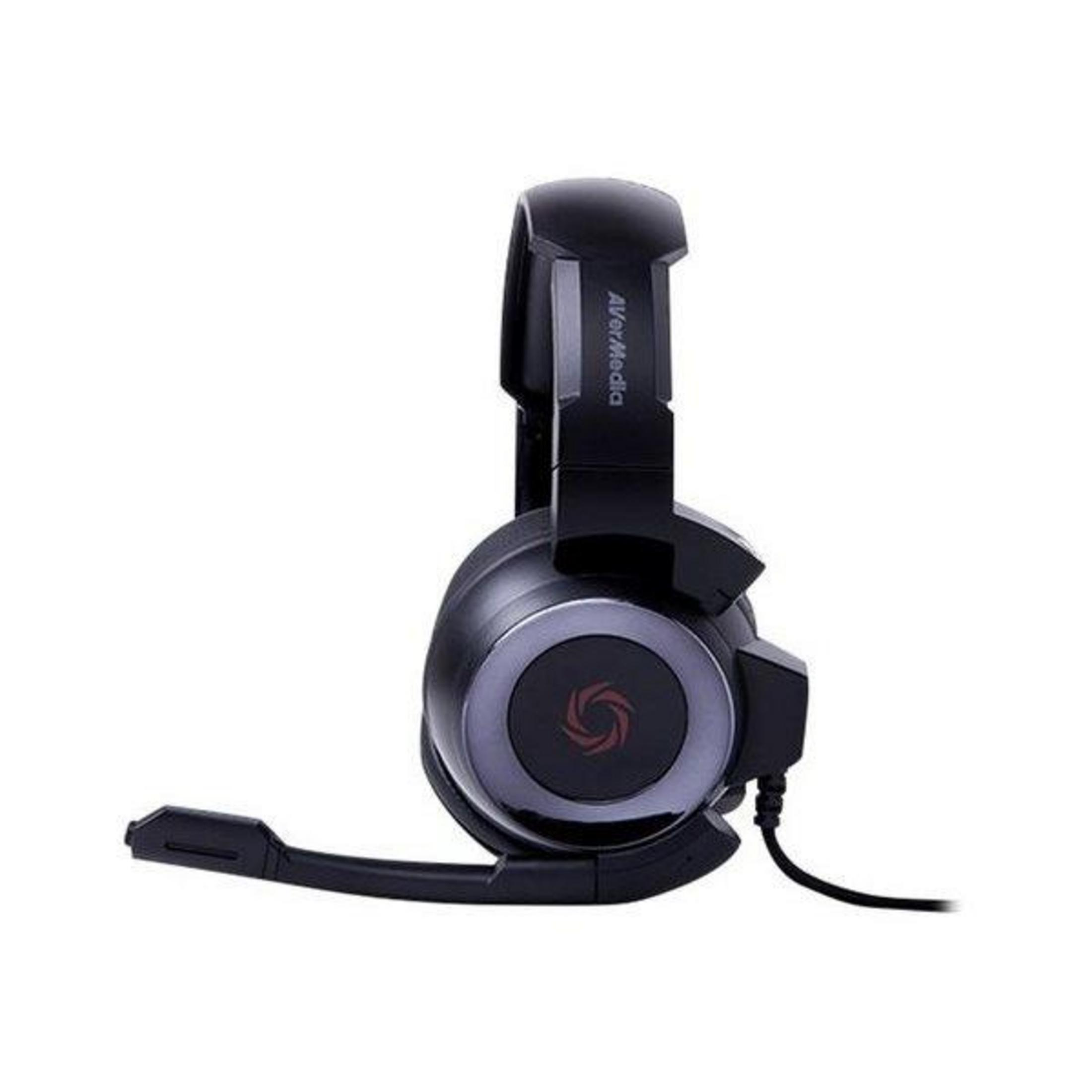 Auriculares negros circumaurales con micrófono y logo rojo.
