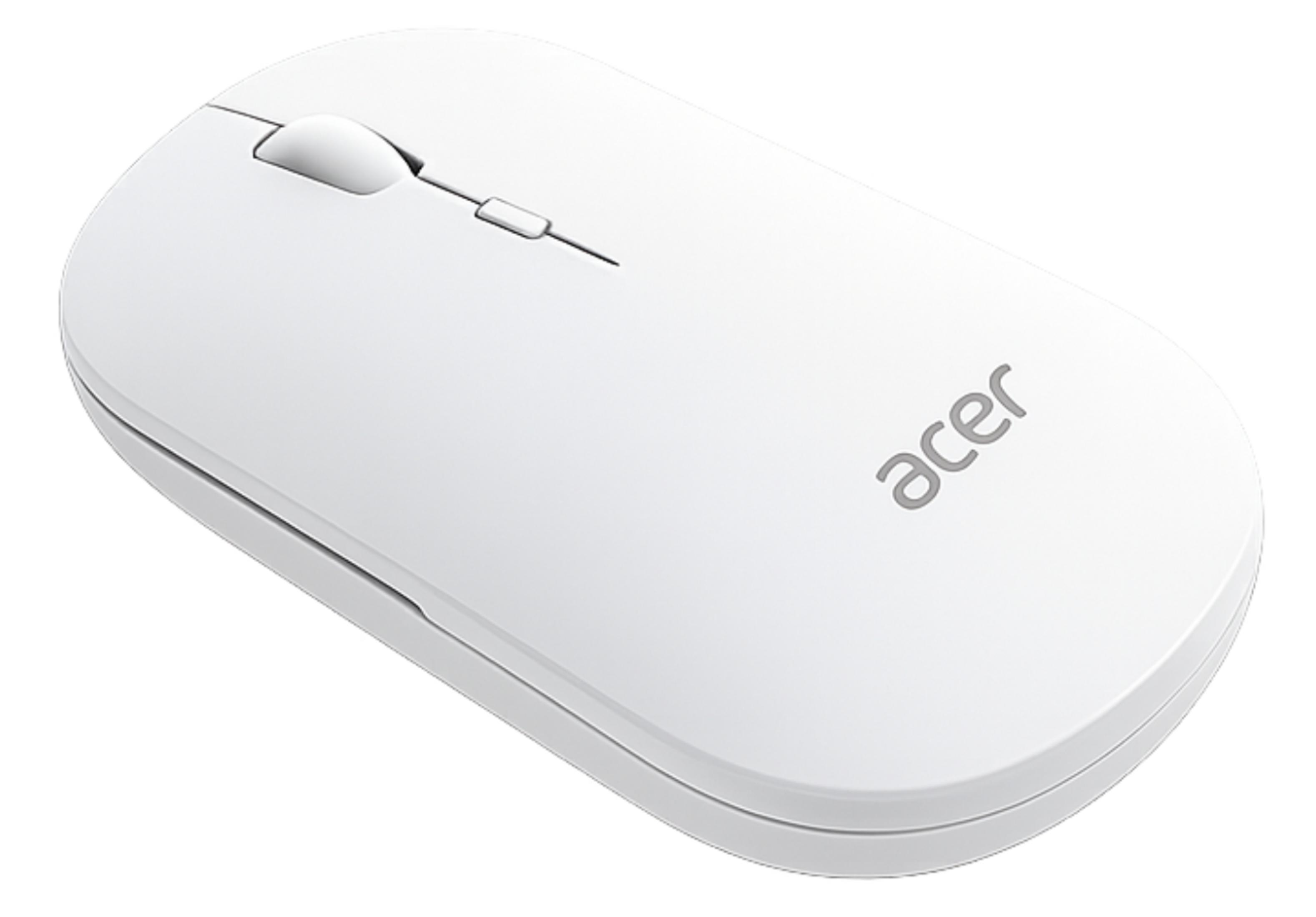Un mouse bianco Acer con rotellina di scorrimento e due pulsanti.