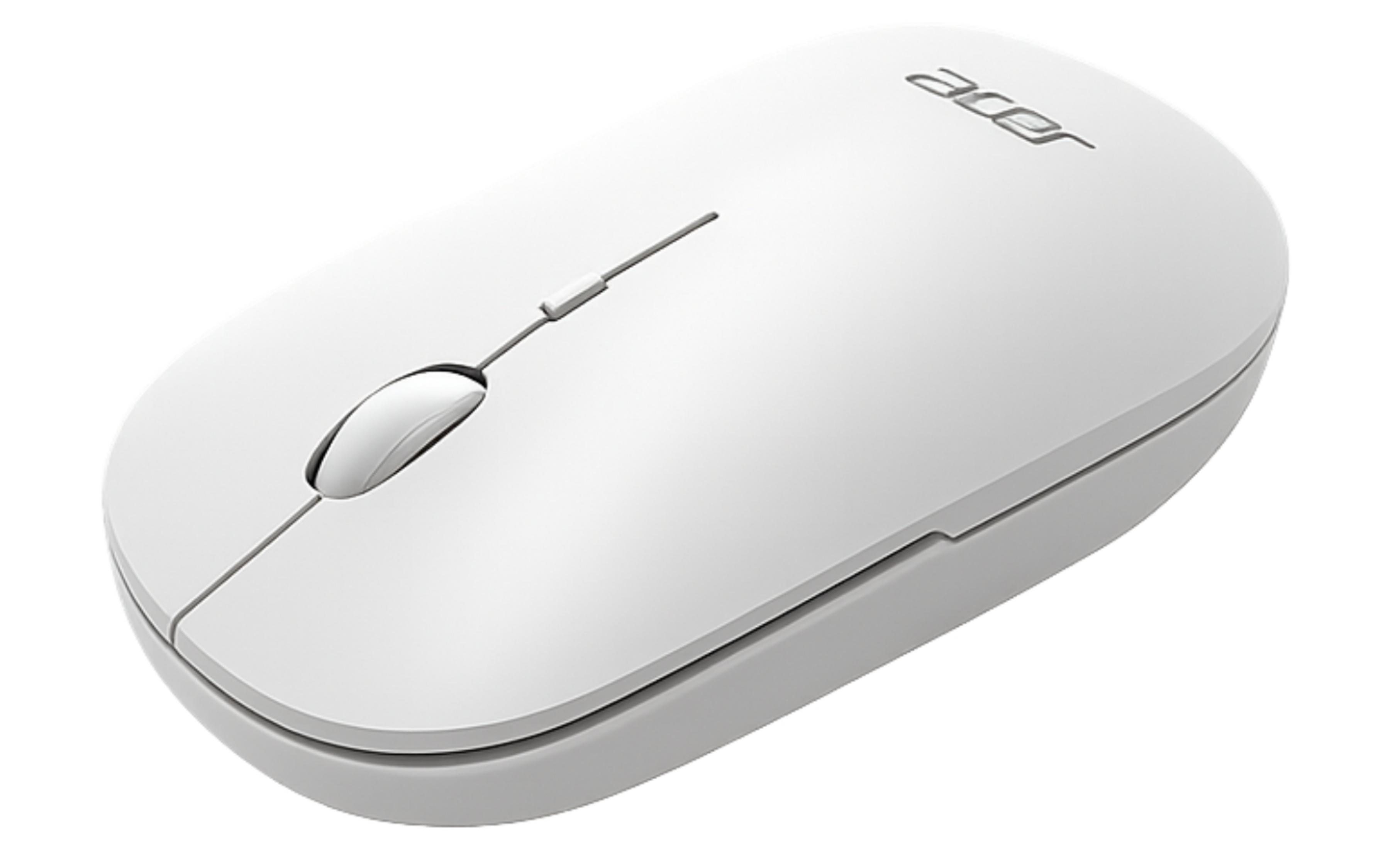 Un mouse Acer bianco con due pulsanti e rotellina su sfondo bianco.