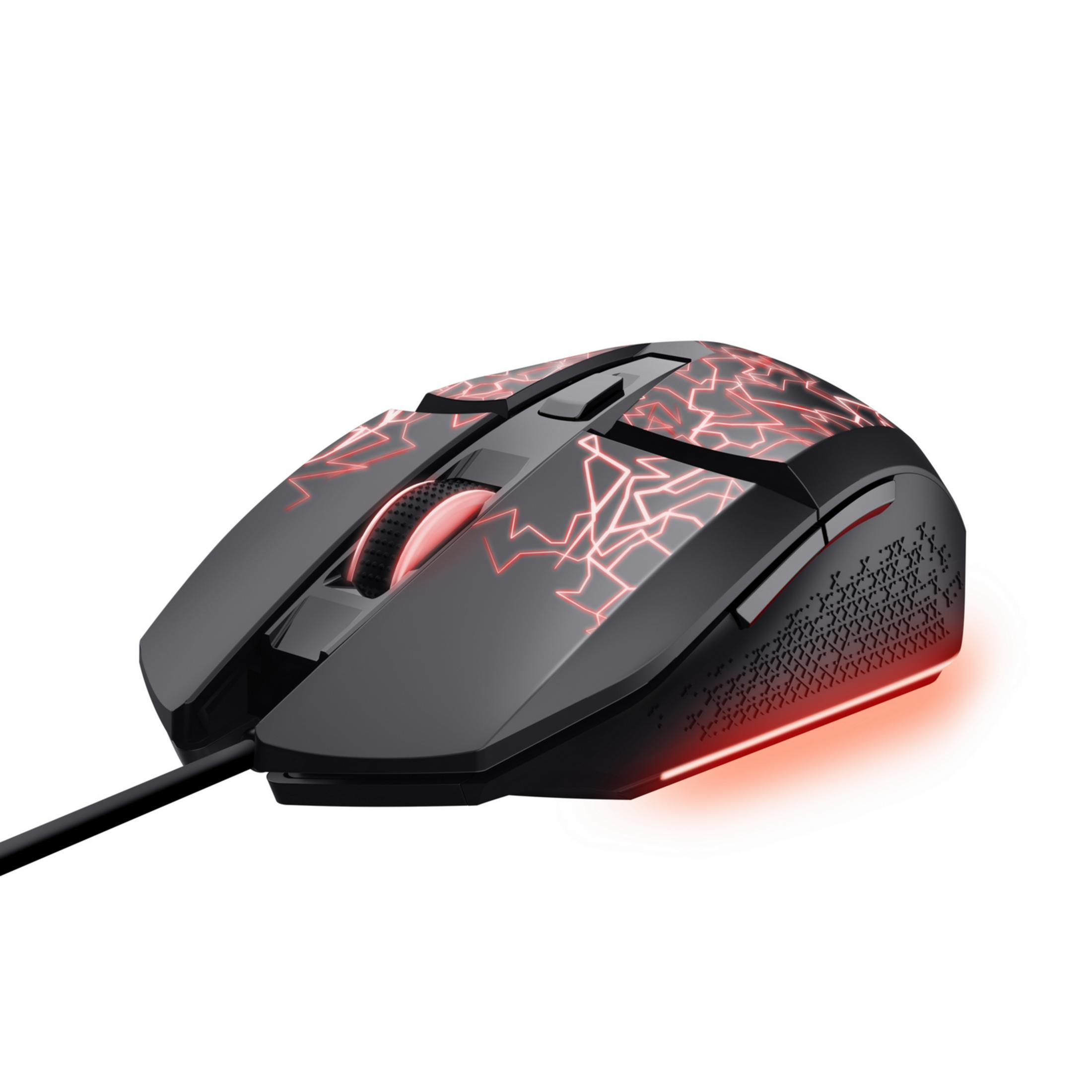 Mouse gaming nero con illuminazione rossa e motivo a fulmine.