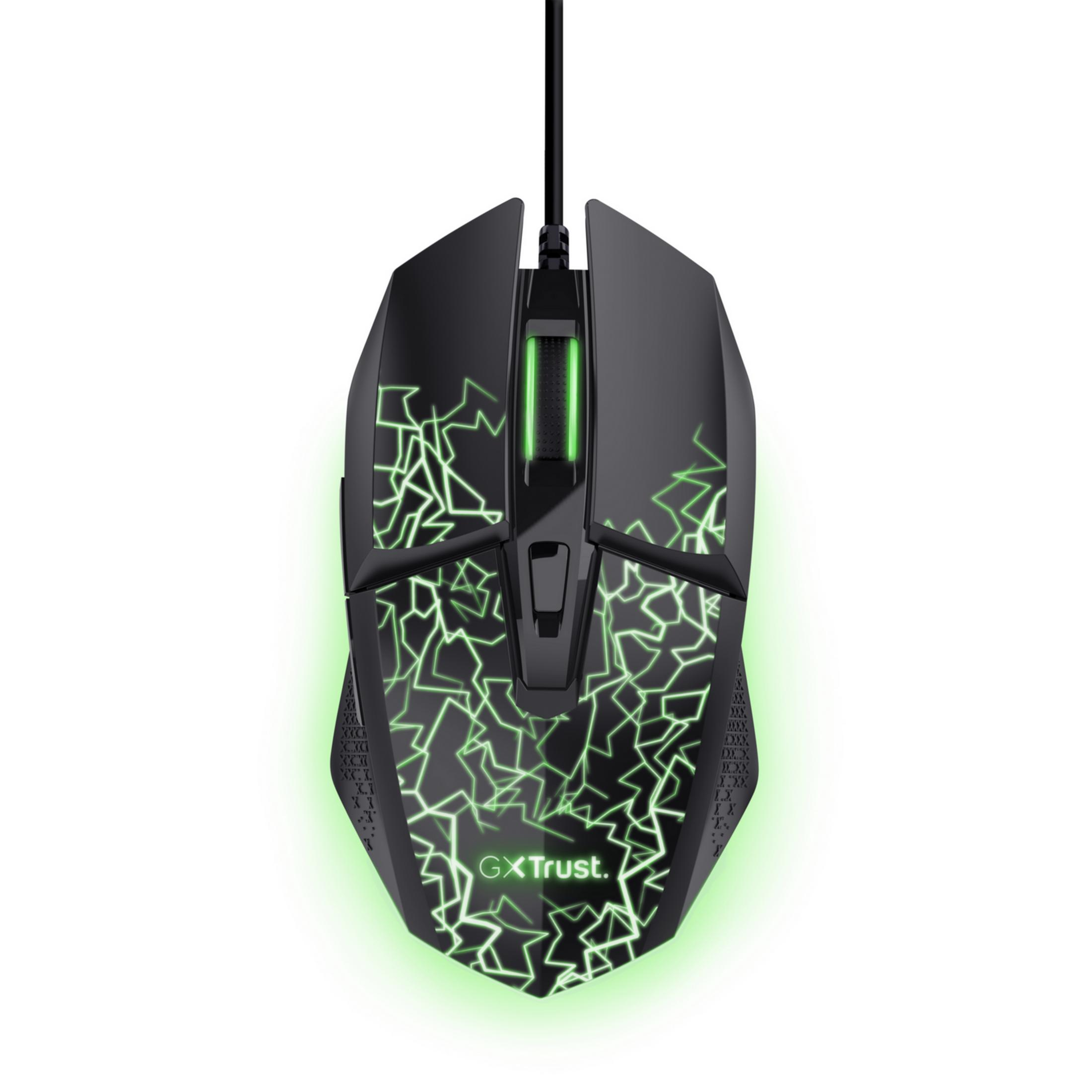 Mouse da gaming nero con motivo a fulmine verde e accenti verdi luminosi.
