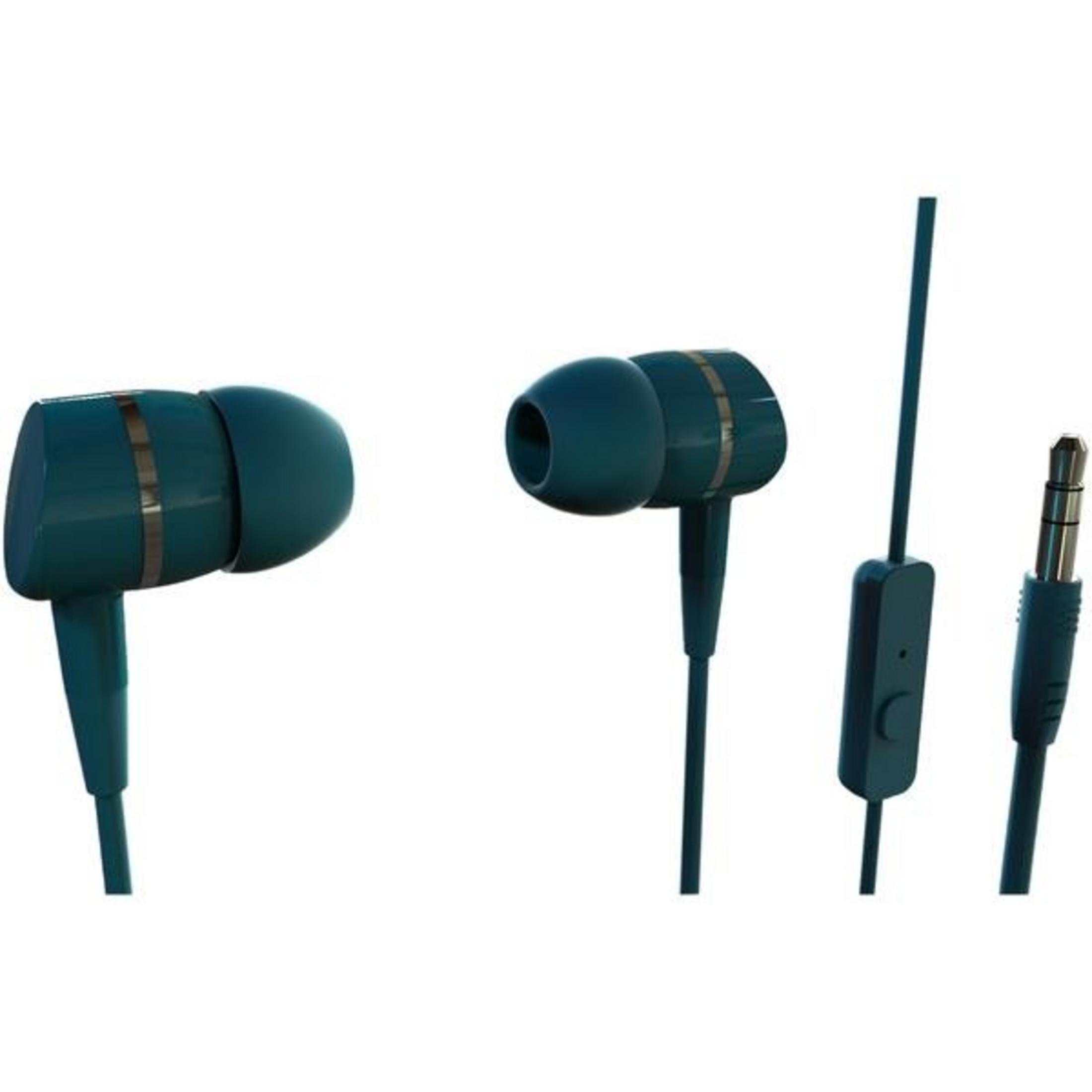 Tres auriculares intrauditivos verde azulado con detalles plateados y conector de 3,5 mm.