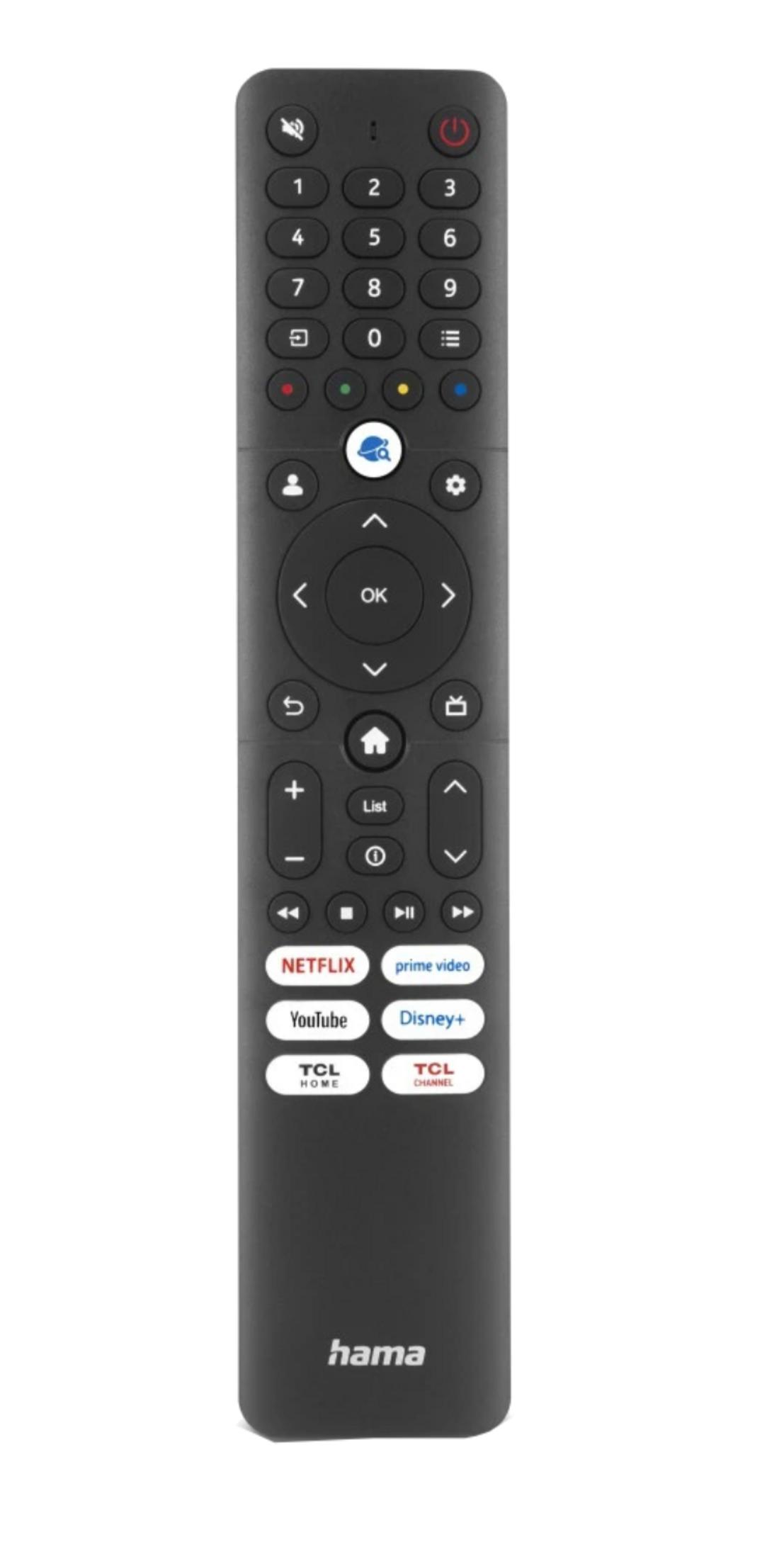 Schwarze Fernbedienung mit Zifferntasten, Navigationskreuz und App-Buttons.