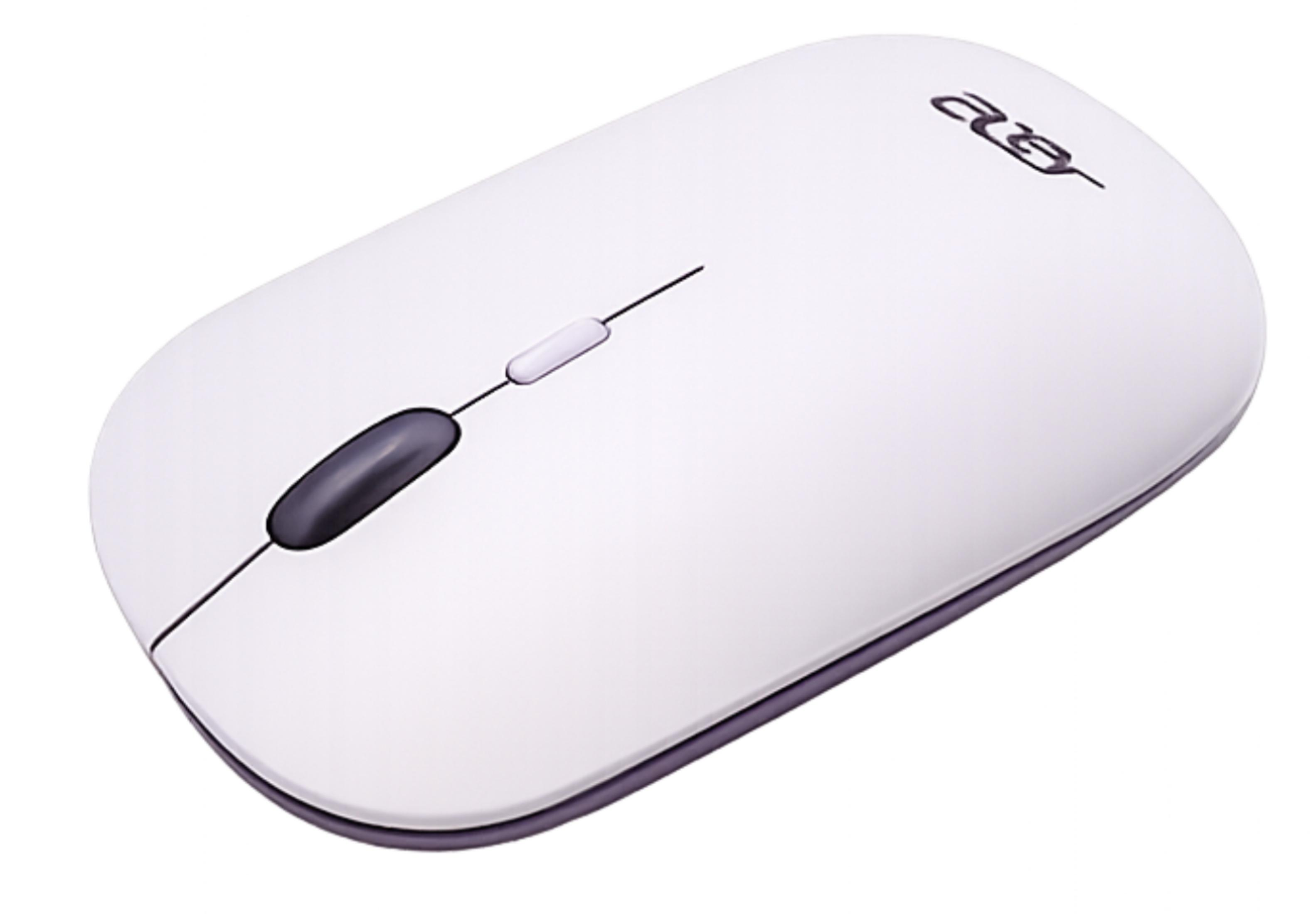 Un mouse Acer bianco con rotella scura e logo Acer nero.