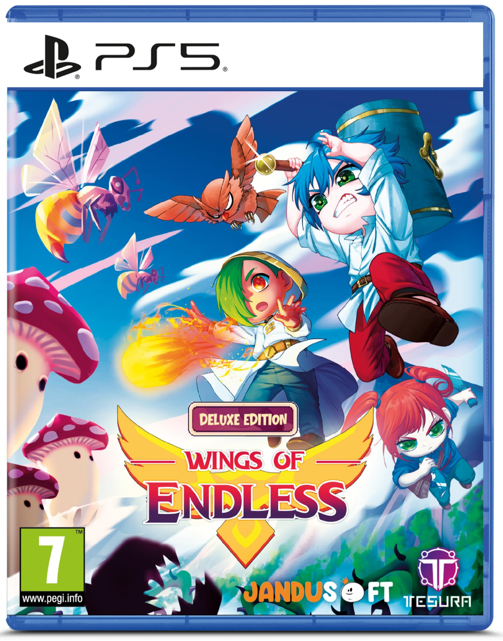 Copertina gioco PS5 con personaggi anime, creature volanti e funghi.