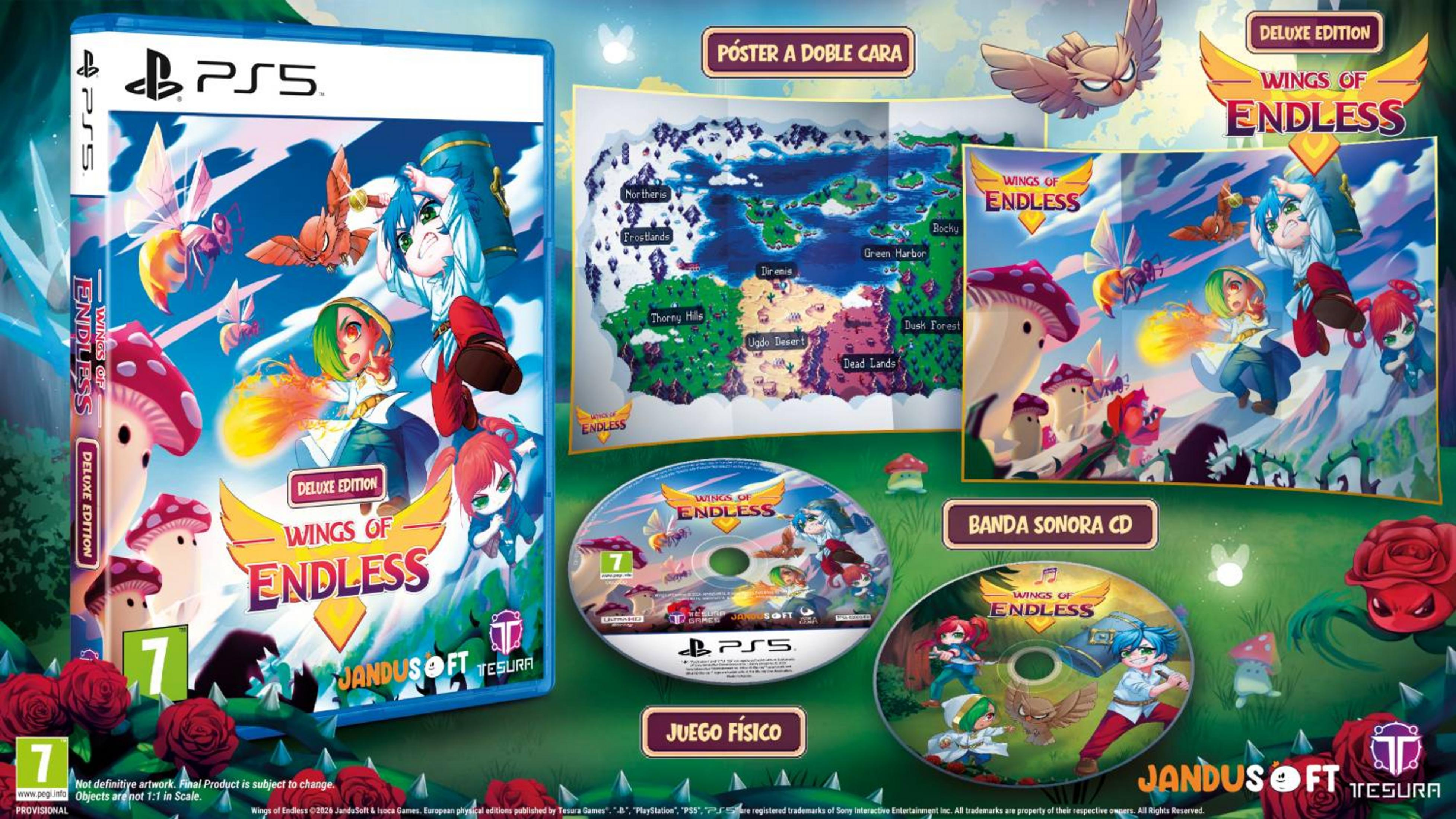Confezione gioco PS5, mappa, CD e poster con personaggi e creature anime.