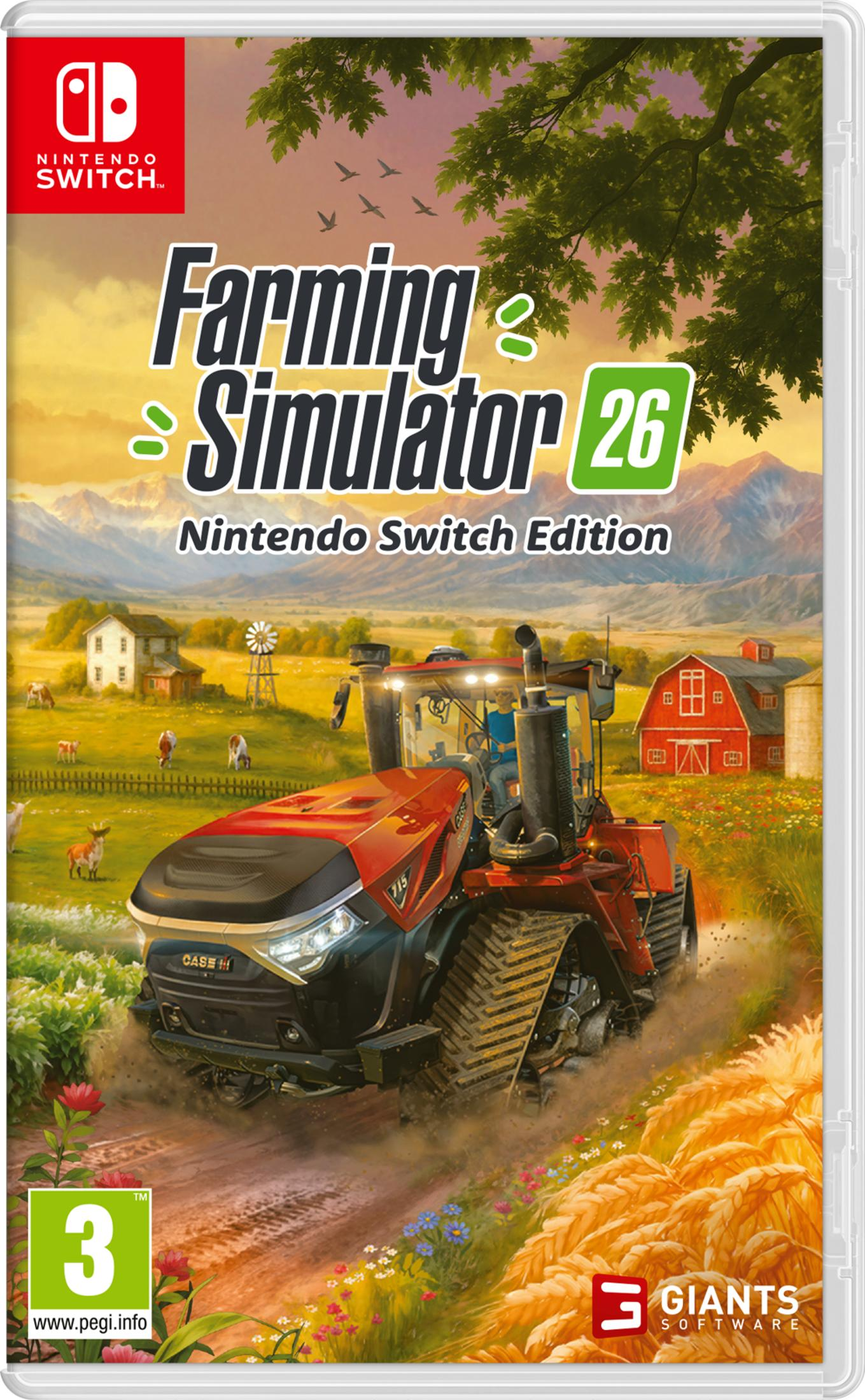 Copertina di Farming Simulator 26: Trattore rosso su strada sterrata con mucche e fattorie.