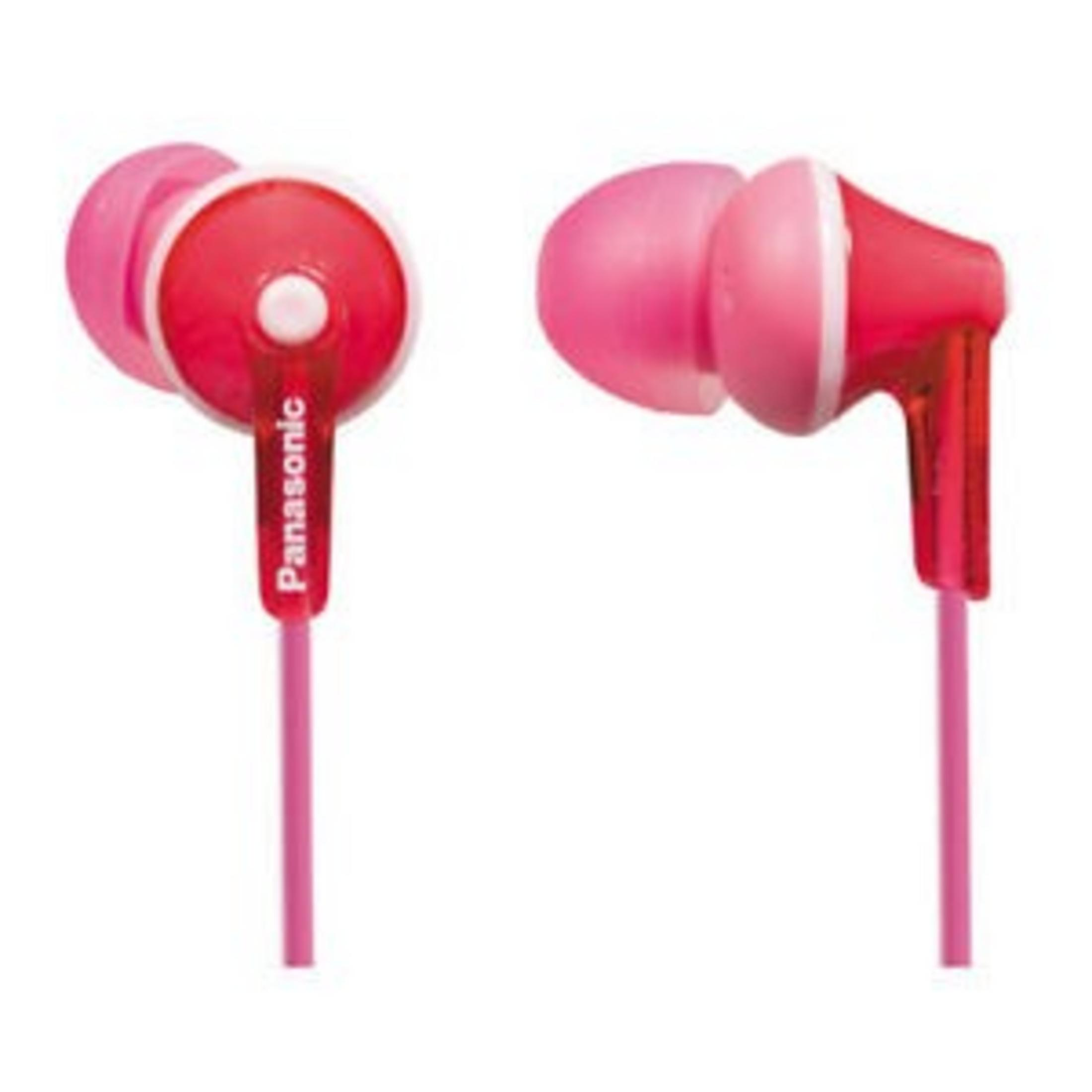 Two pink and red Panasonic earphones with a cord on a white background.