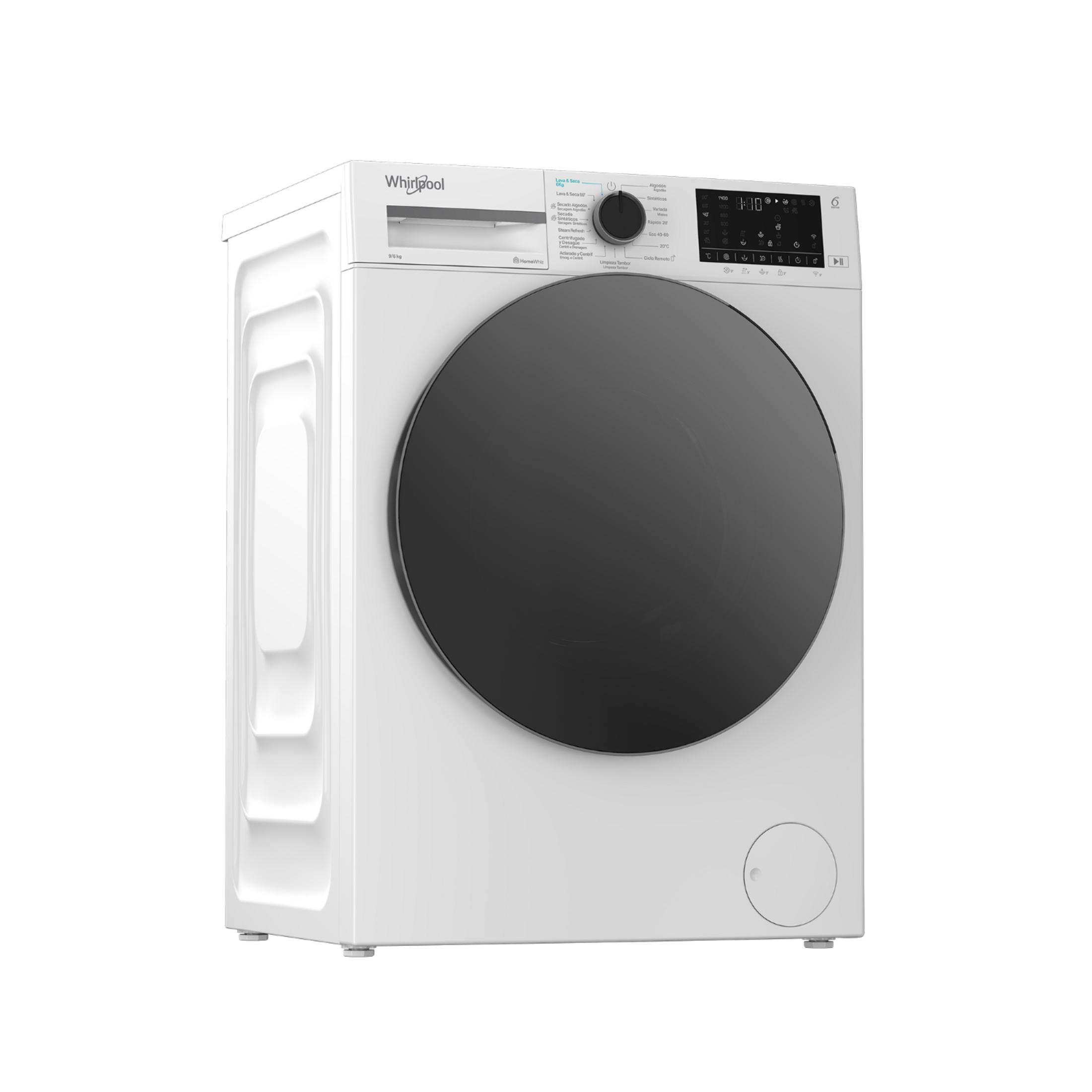 Una lavadora Whirlpool blanca con una gran puerta negra y panel de control.