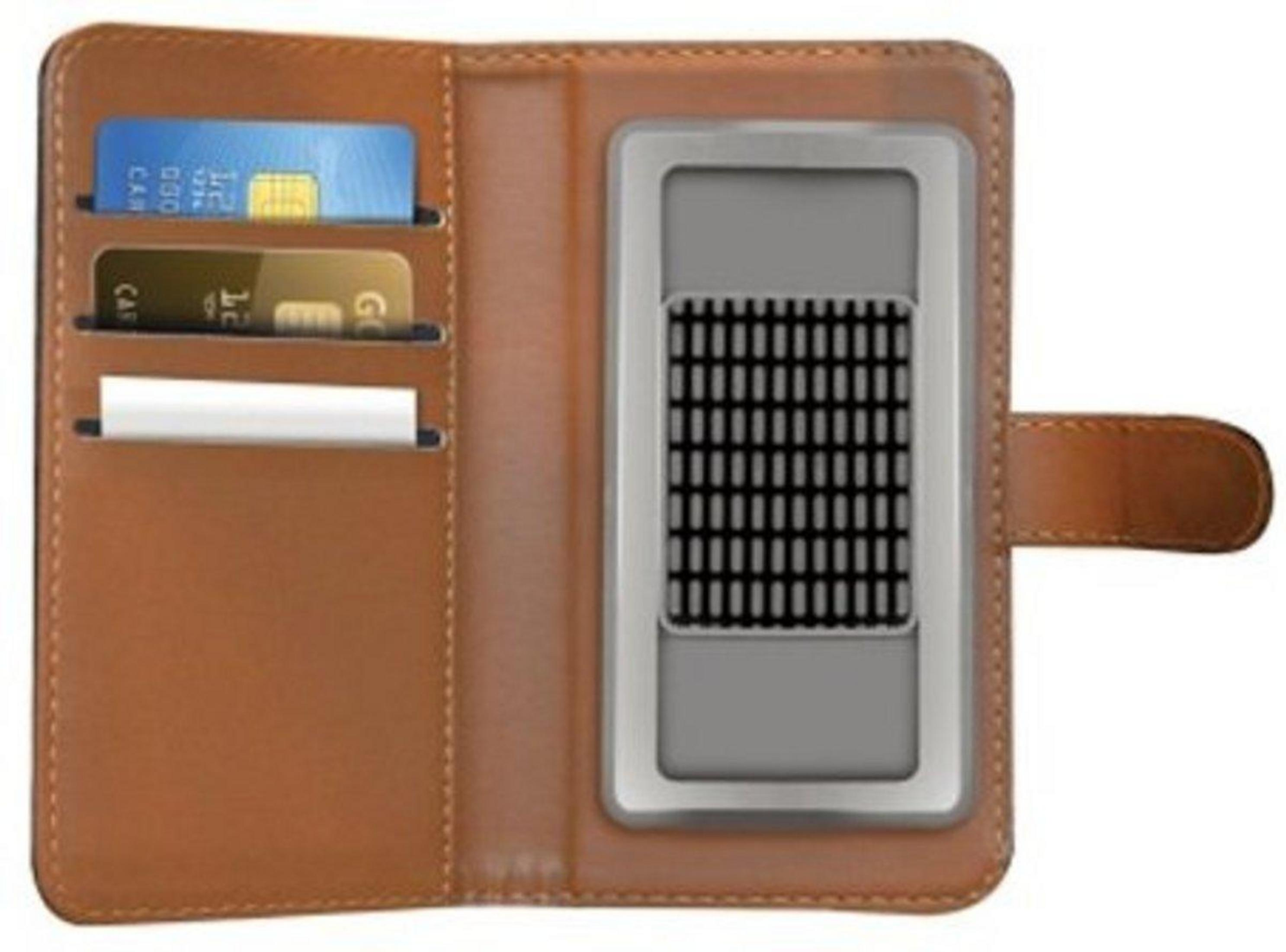 Portafoglio in pelle marrone con slot per carte e cornice argentata per un dispositivo.