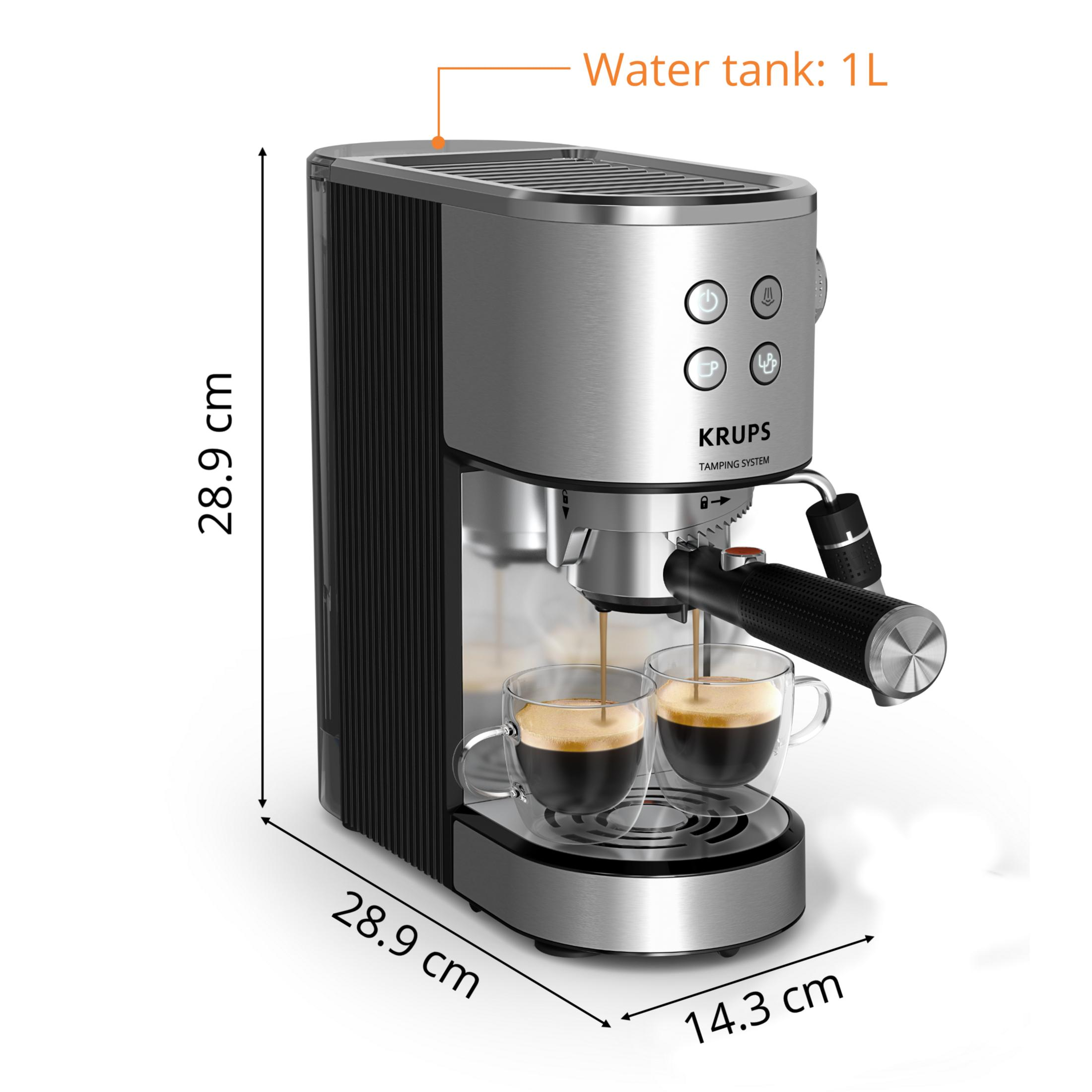 Macchina espresso Krups con serbatoio da 1L prepara caffè in due tazze.