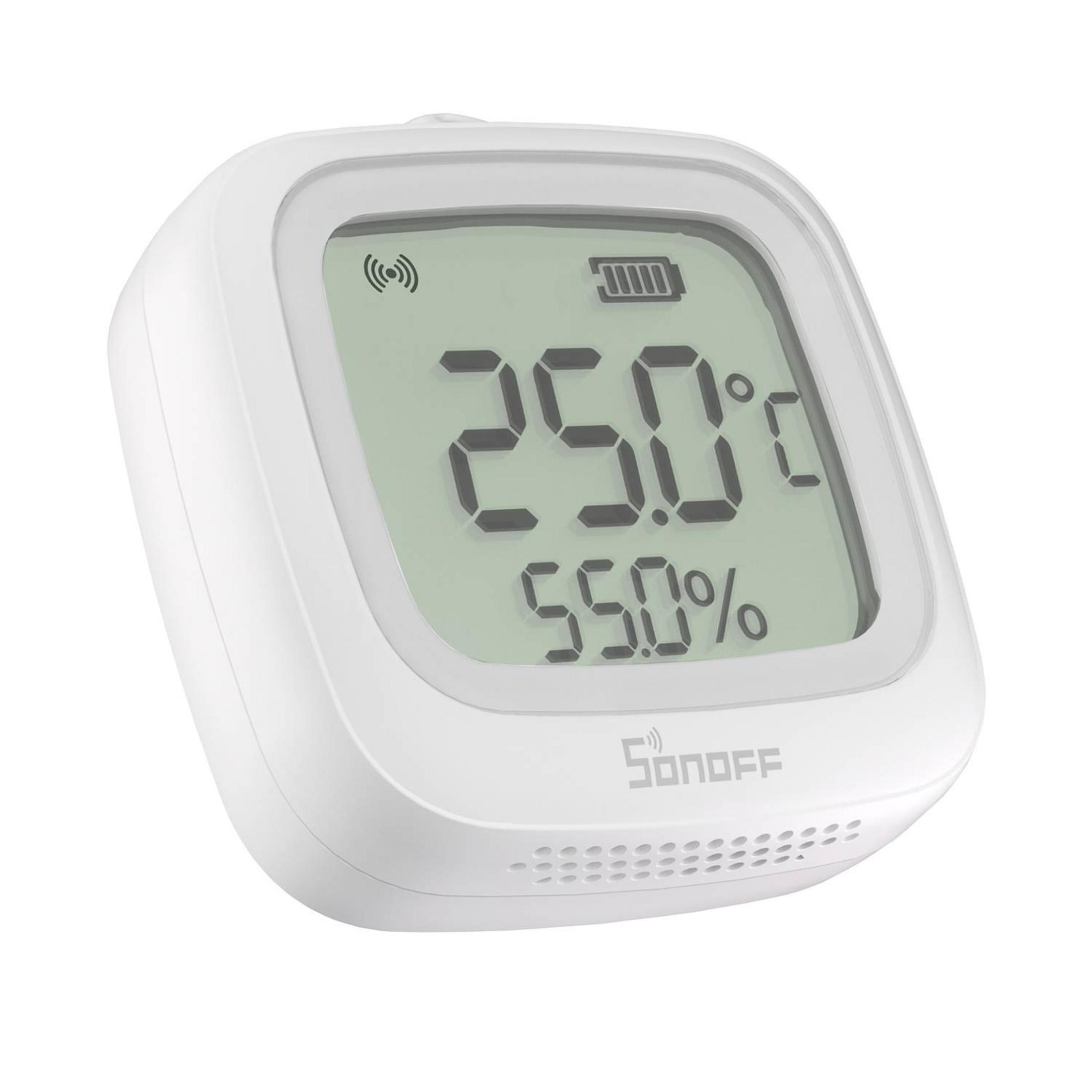 Biały cyfrowy termometr/higrometr pokazuje 25,0°C i 55,0%.