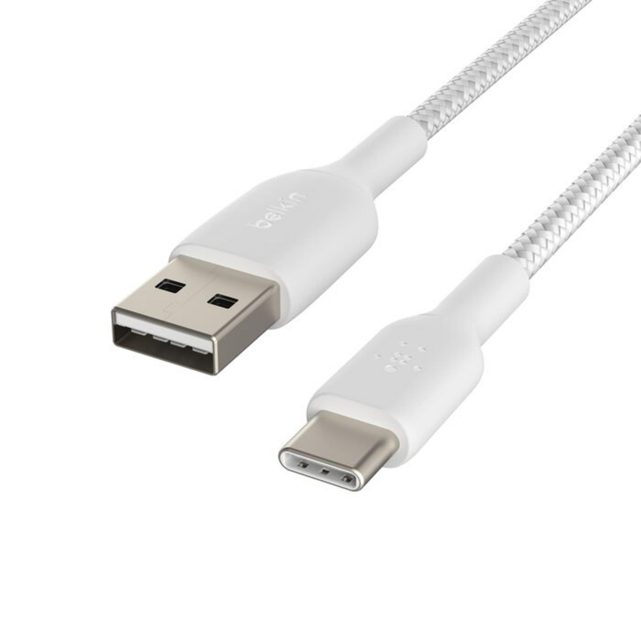A white USB-A to USB-C cable with braided cord and Belkin logo.