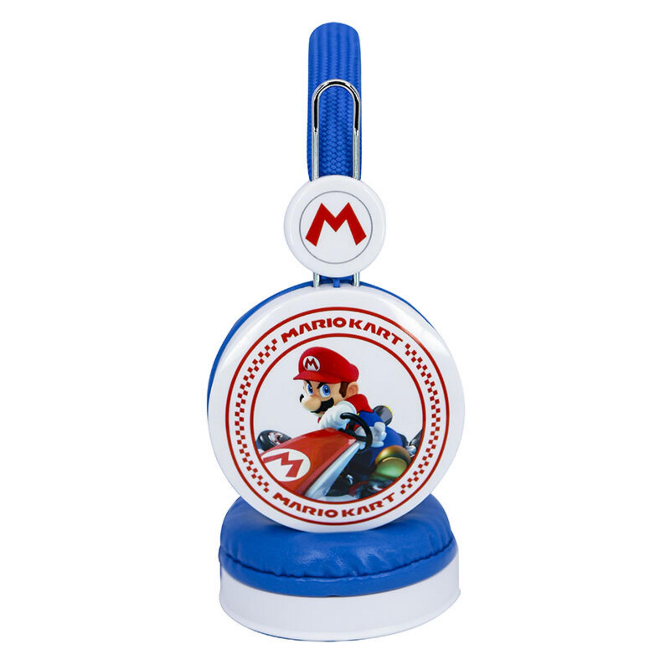 Auriculares con tema de Mario Kart: Mario en un coche de carreras, almohadillas azules.