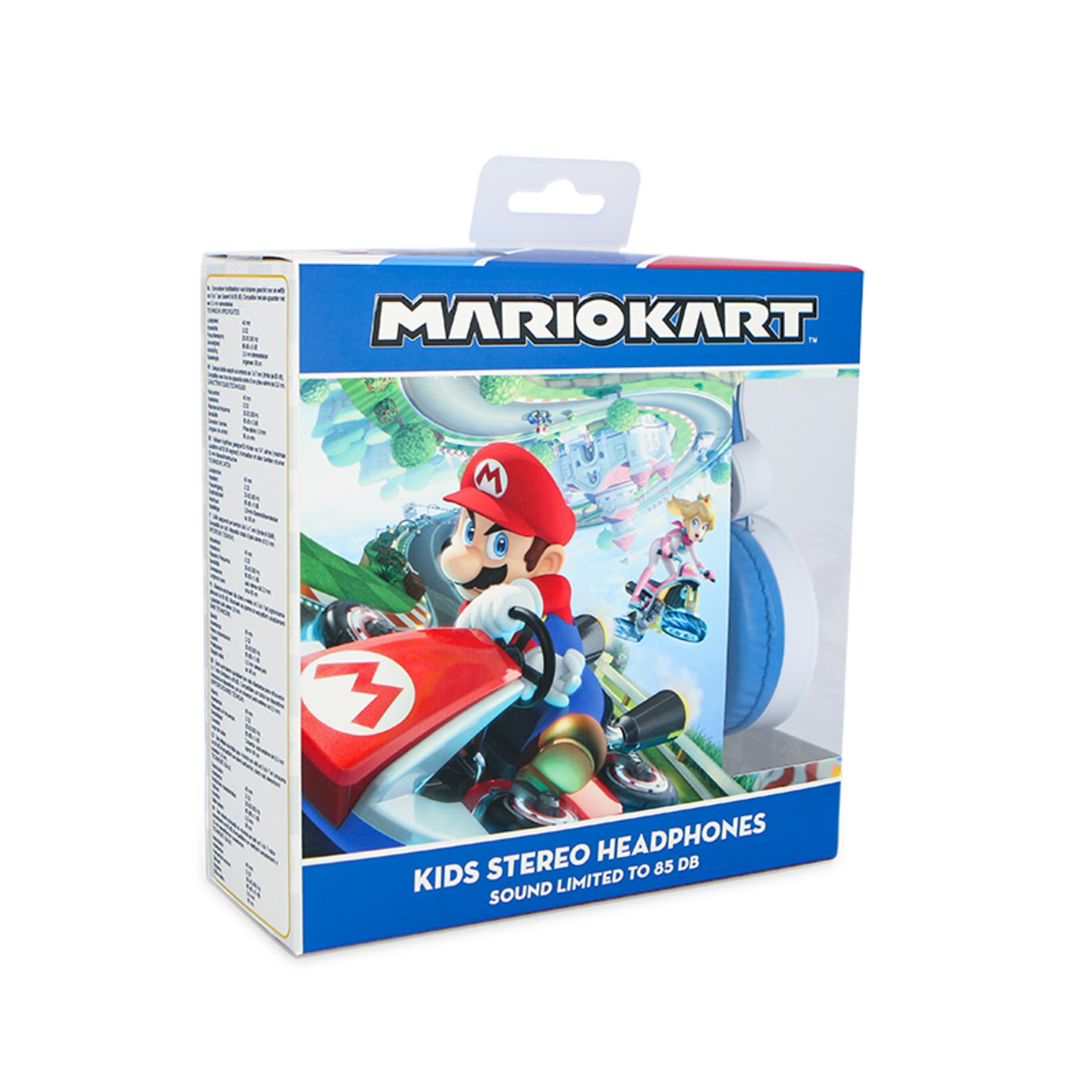 Caja de Mario Kart con Mario y Peach corriendo, mostrando auriculares azules.