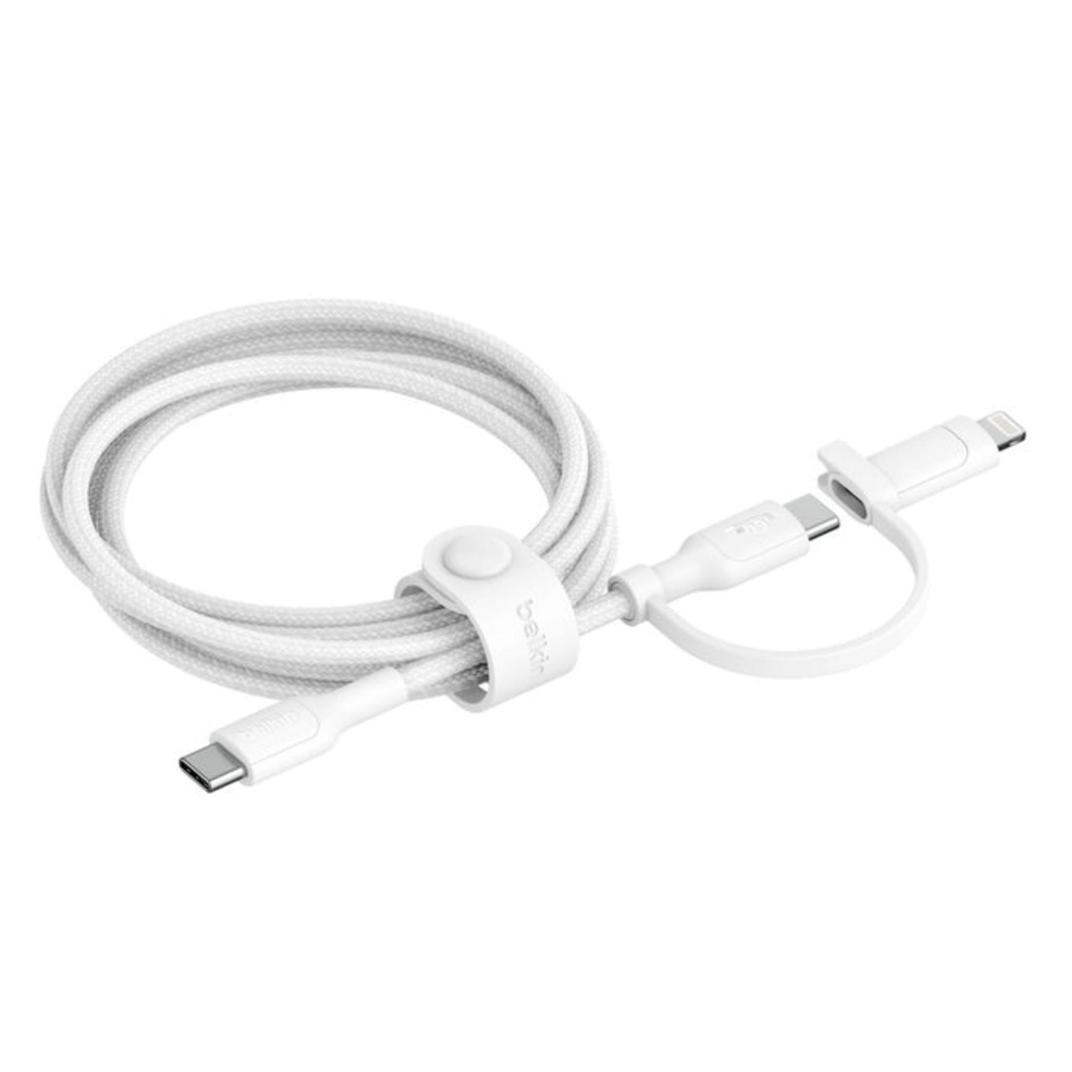 Biały kabel USB-C do Lightning z paskiem na rzepy.