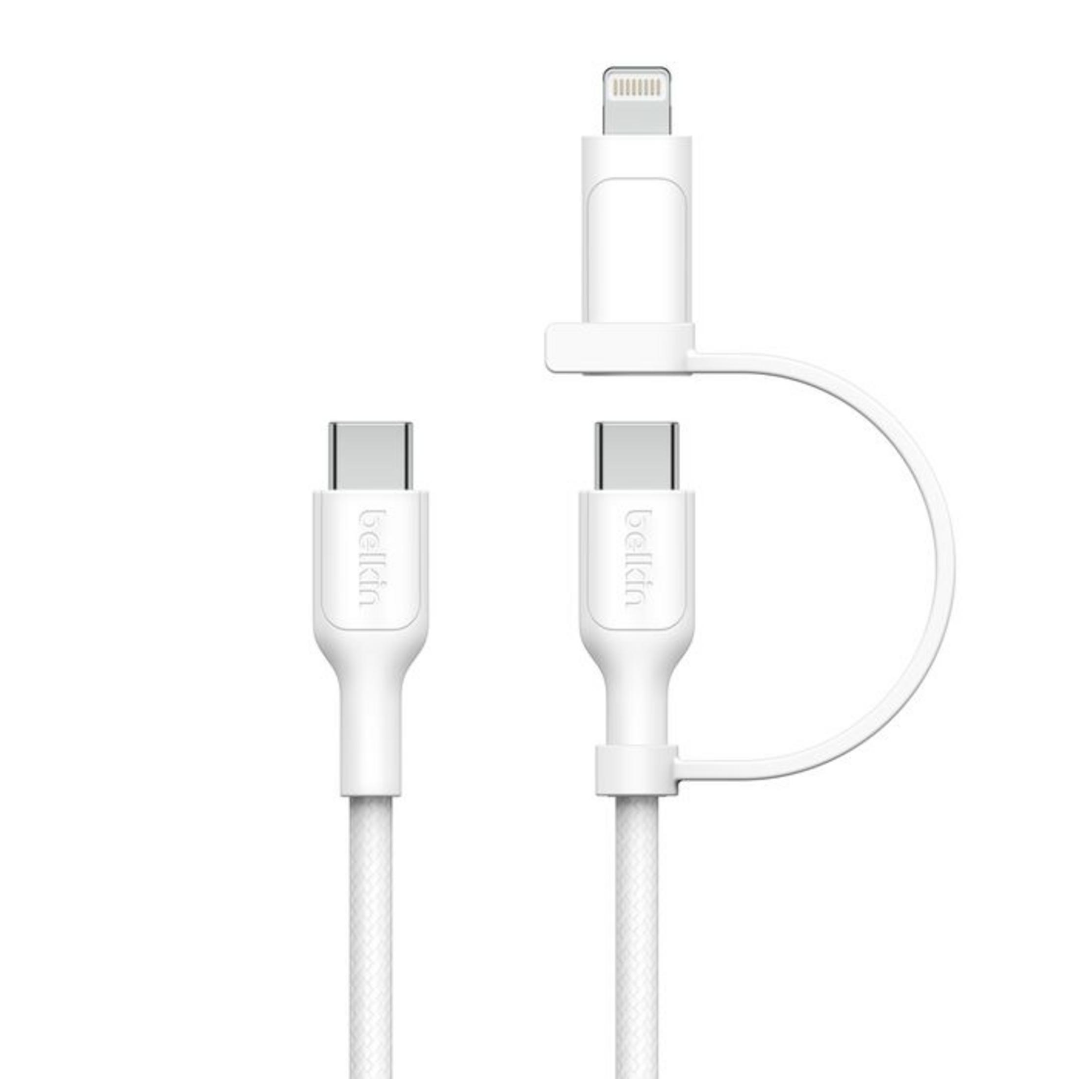 Biały kabel Belkin USB-C do Lightning z dwoma złączami.