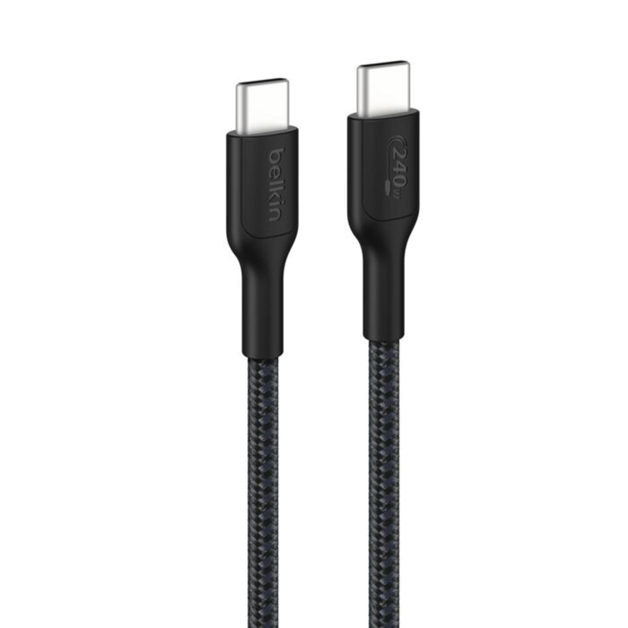 Due cavi USB-C neri con treccia in tessuto su sfondo bianco.