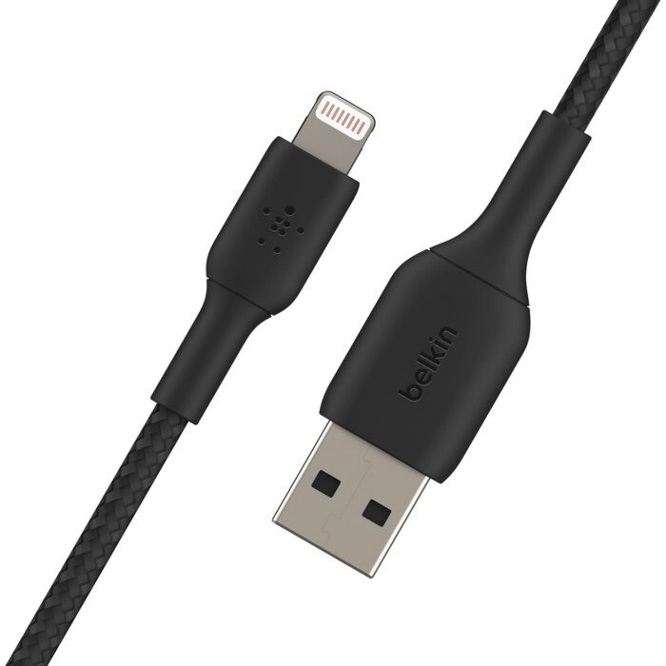 Cavo Belkin nero intrecciato da Lightning a USB con entrambi i connettori visibili.