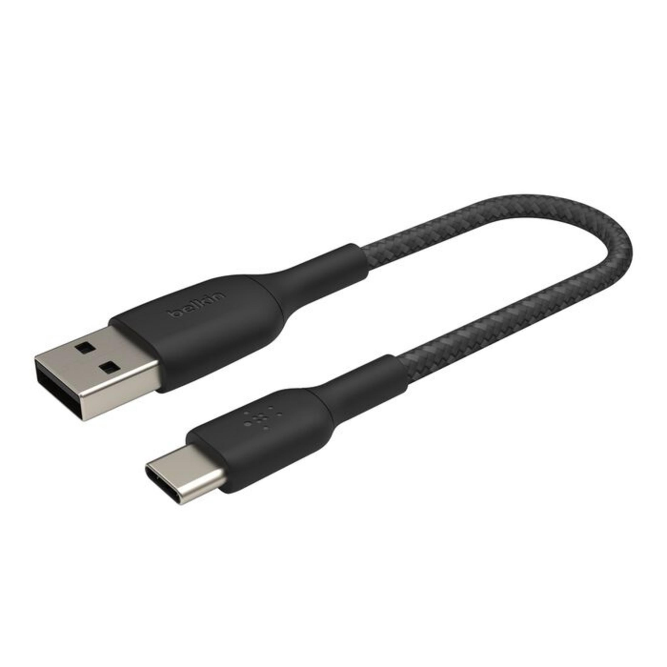 A black USB-A to USB-C cable with a braided jacket on a white background.