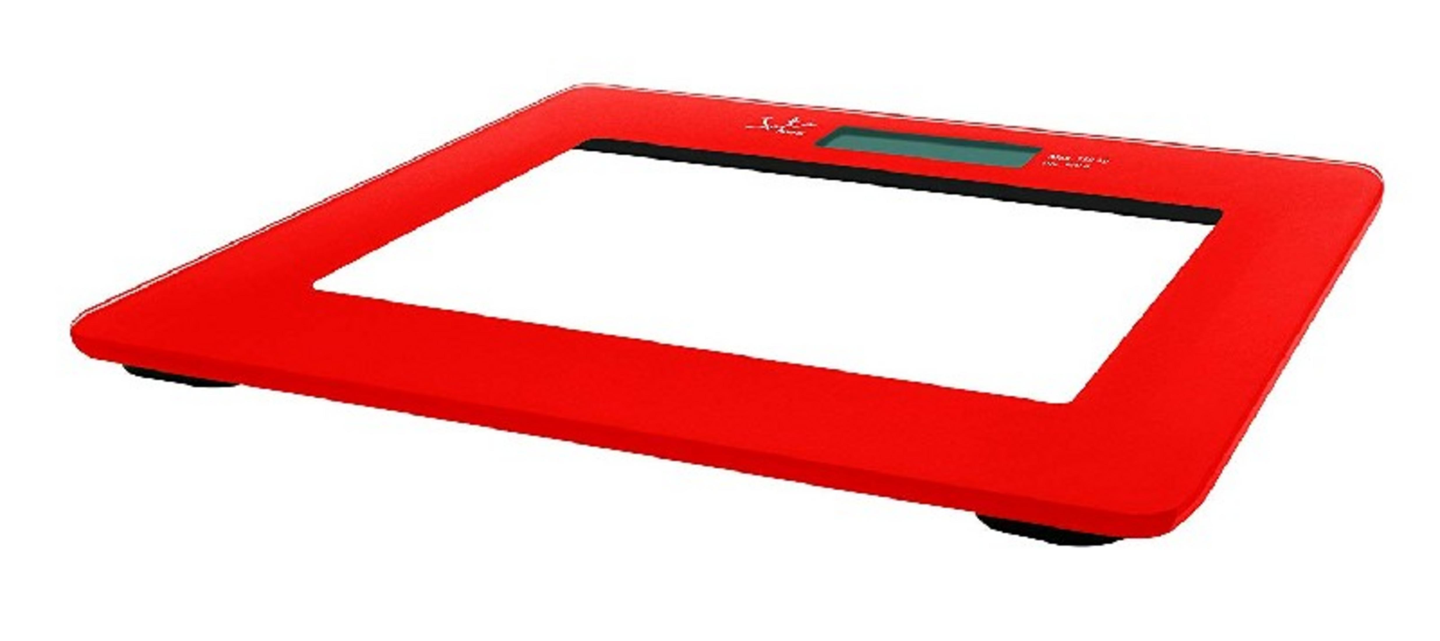 Una báscula personal digital roja con plataforma blanca rectangular y pantalla verde.