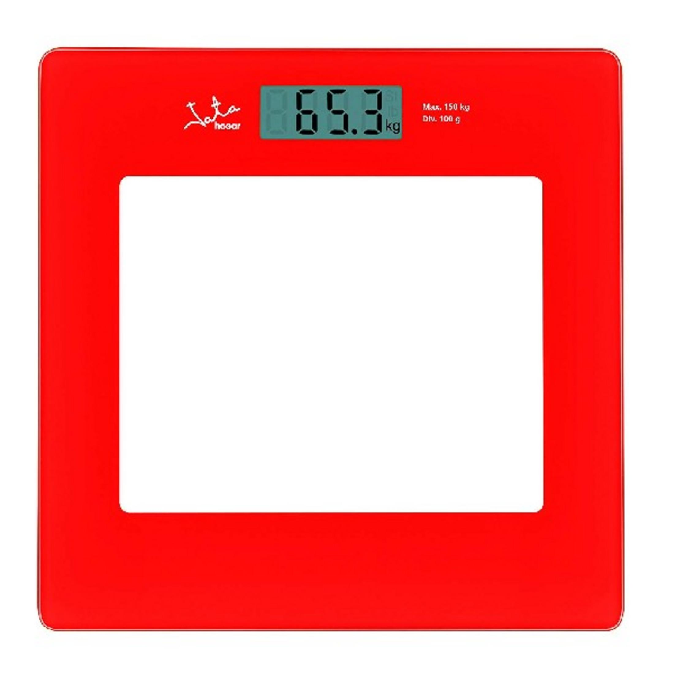 Balanza digital roja que muestra 65,3 kg, con logo.