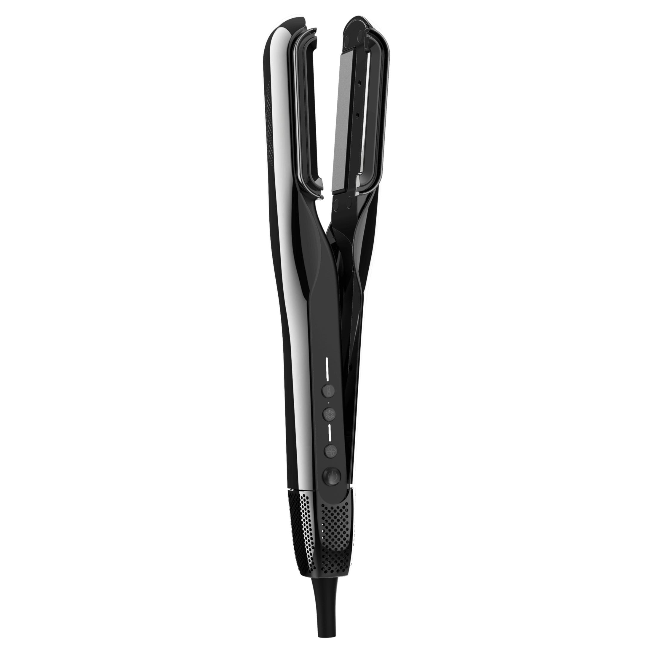 Una piastra per capelli nera ed elegante con superfici lucide e manico traforato.