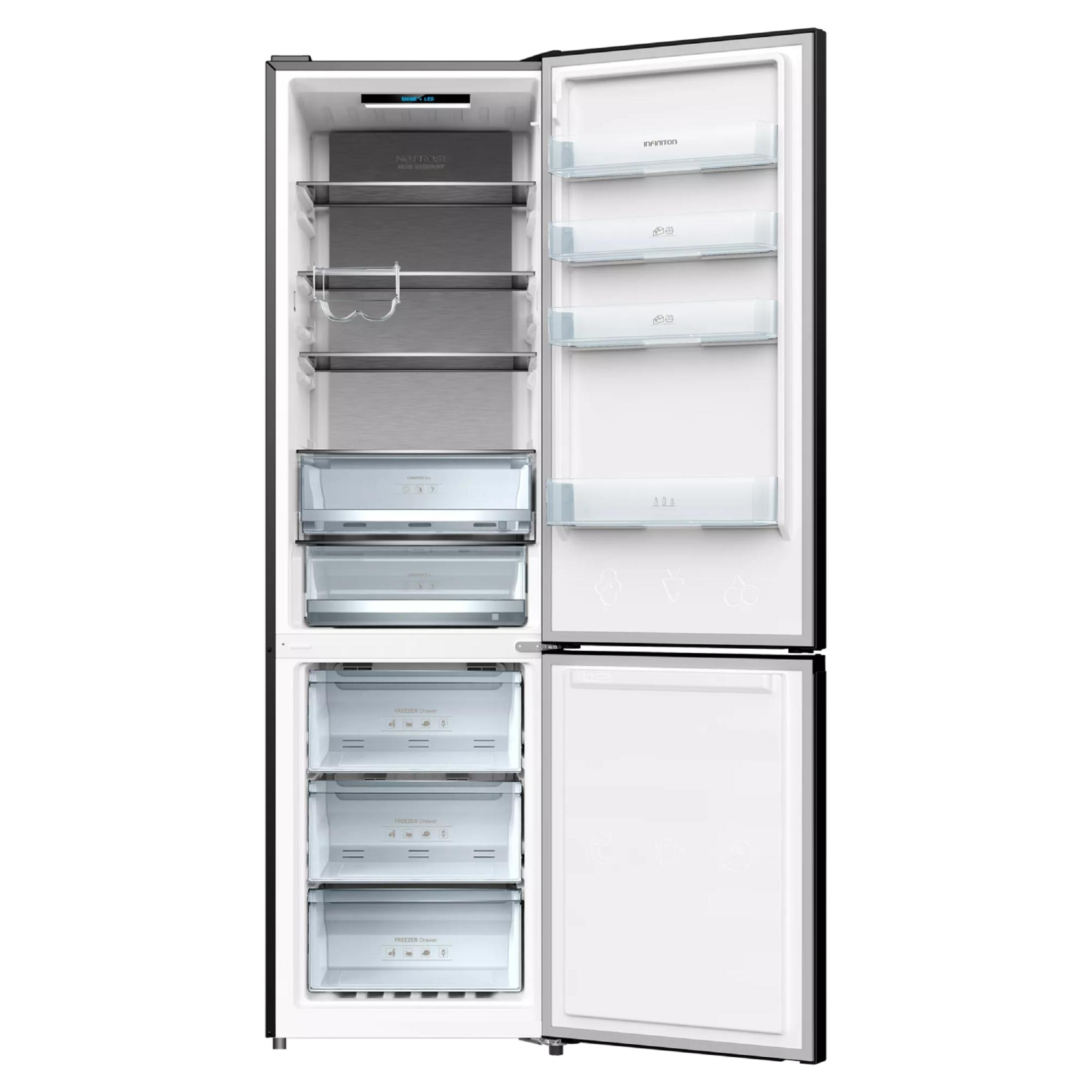 Un refrigerador negro abierto con estantes de vidrio y cajones.