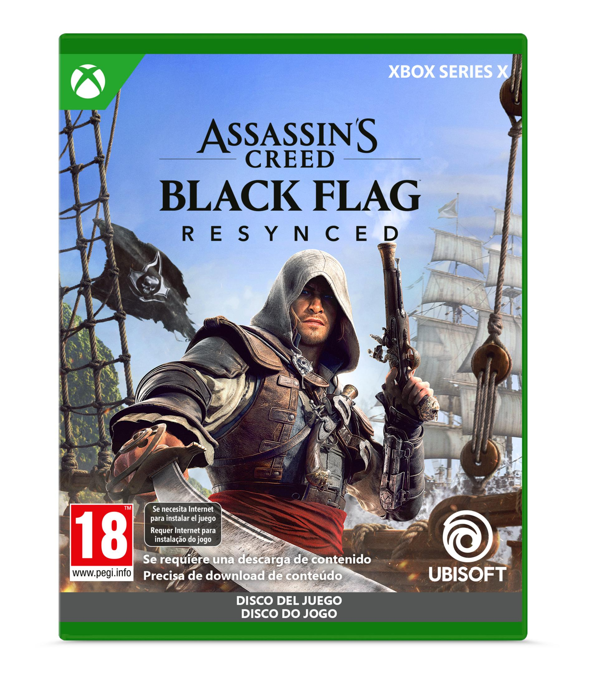 Assassin's Creed Black Flag Xbox kapağı: Kukuletalı adam, tabanca, gemi, korsan bayrağı.