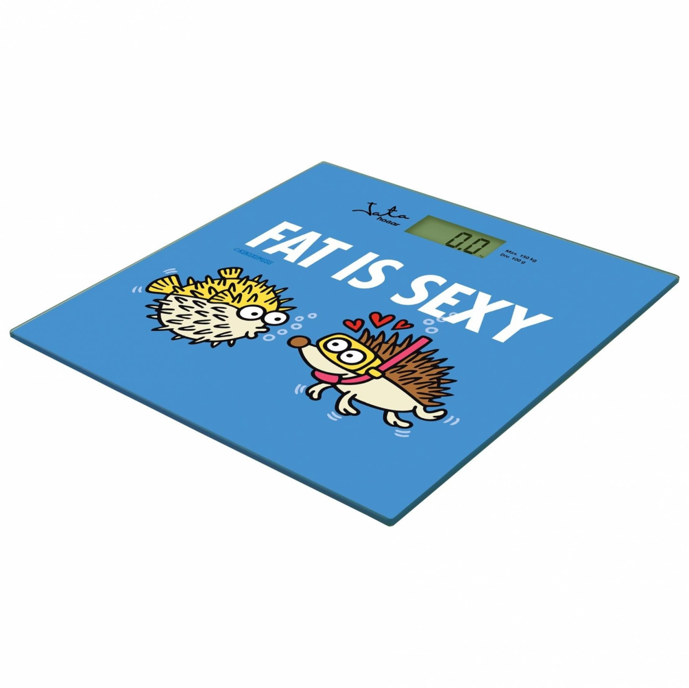 Bilancia blu con riccio e pesce palla a cartoni animati. Testo "FAT