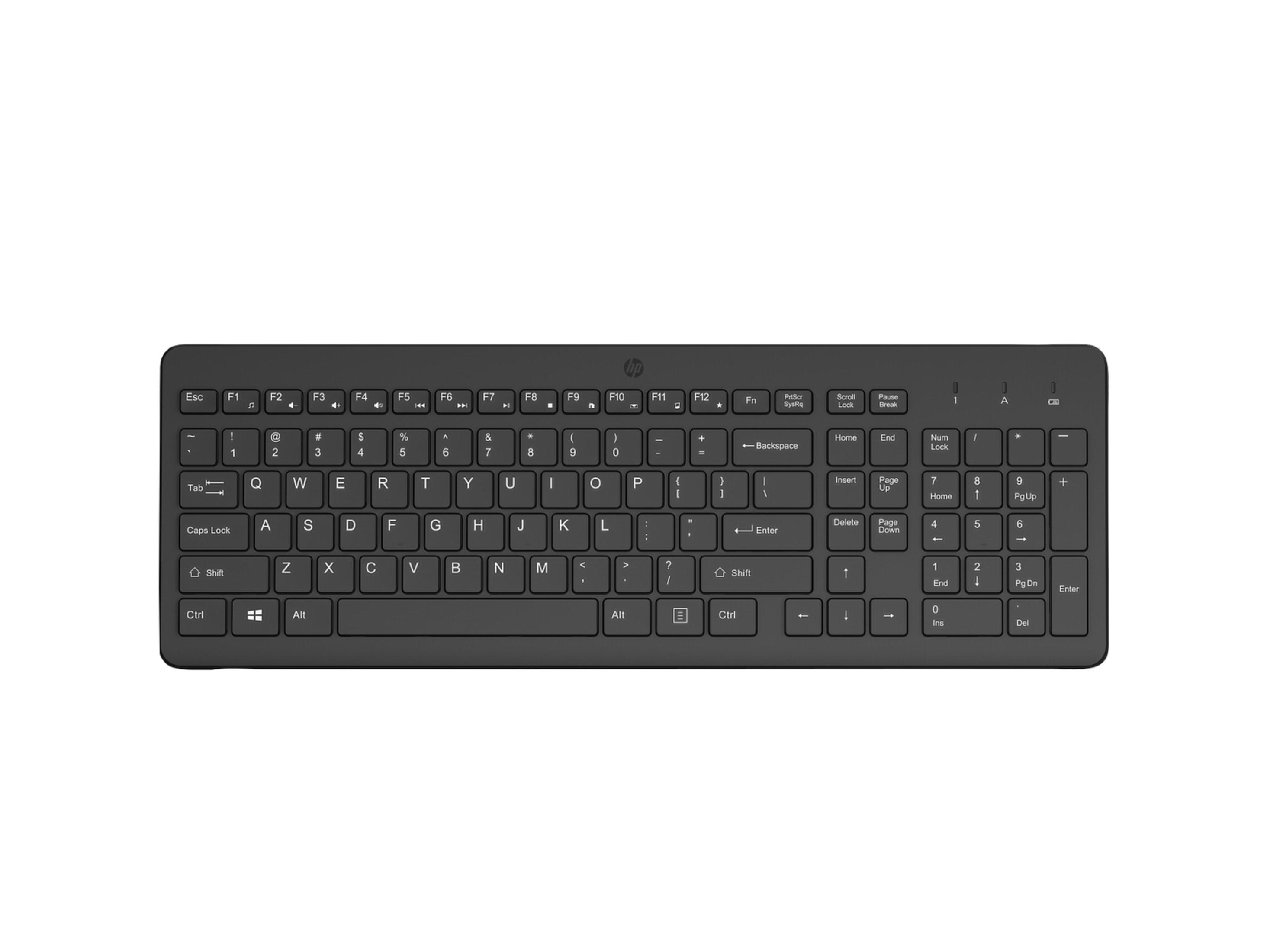 Una tastiera HP nera con tastierino numerico e tasti funzione.