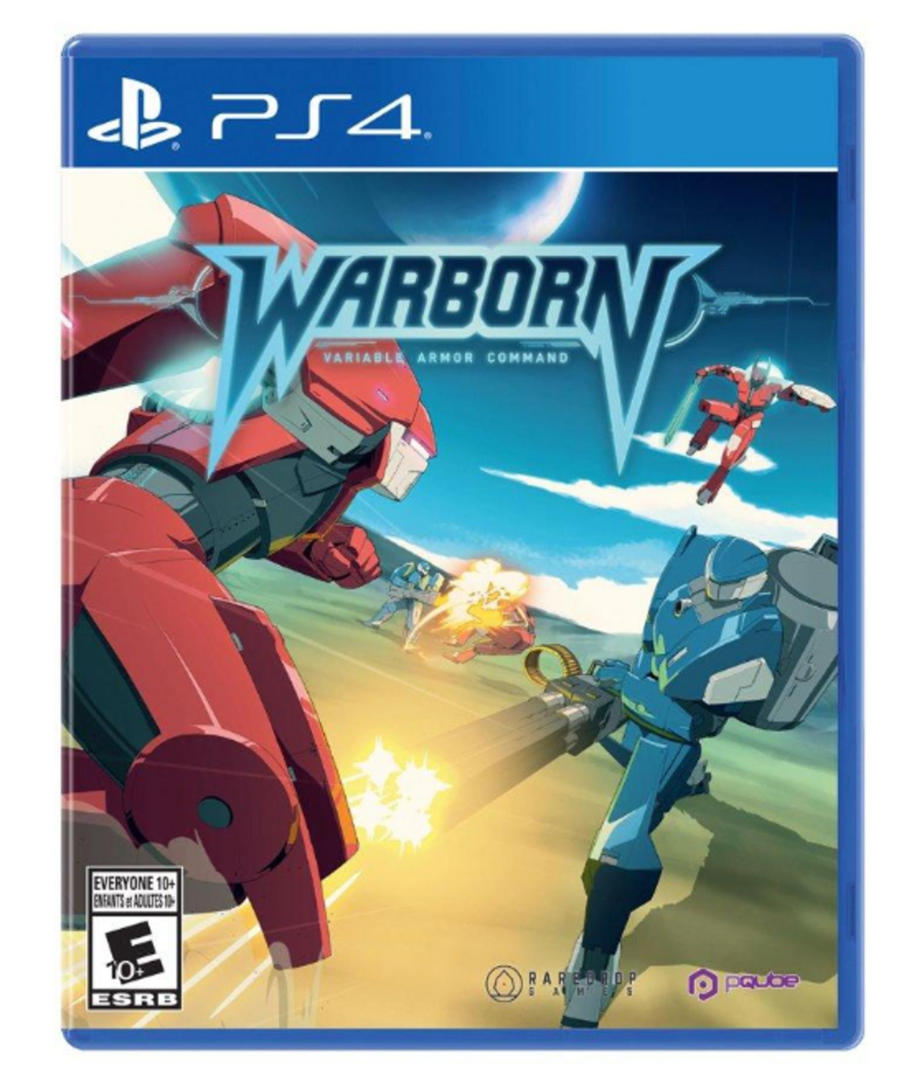Copertina gioco PS4: Due mech combattono, uno rosso, uno blu. Logo 'Warborn' in alto.