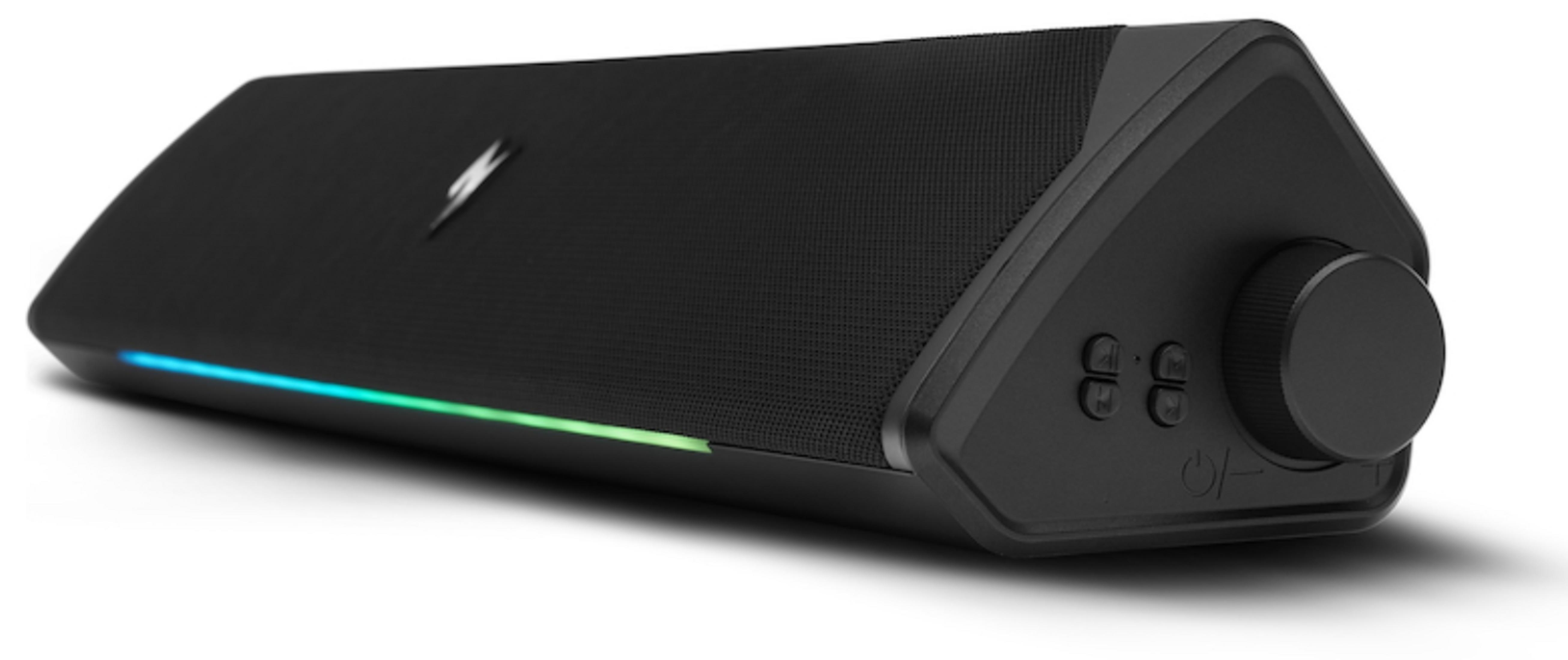 Altavoz negro con iluminación RGB y control de volumen.