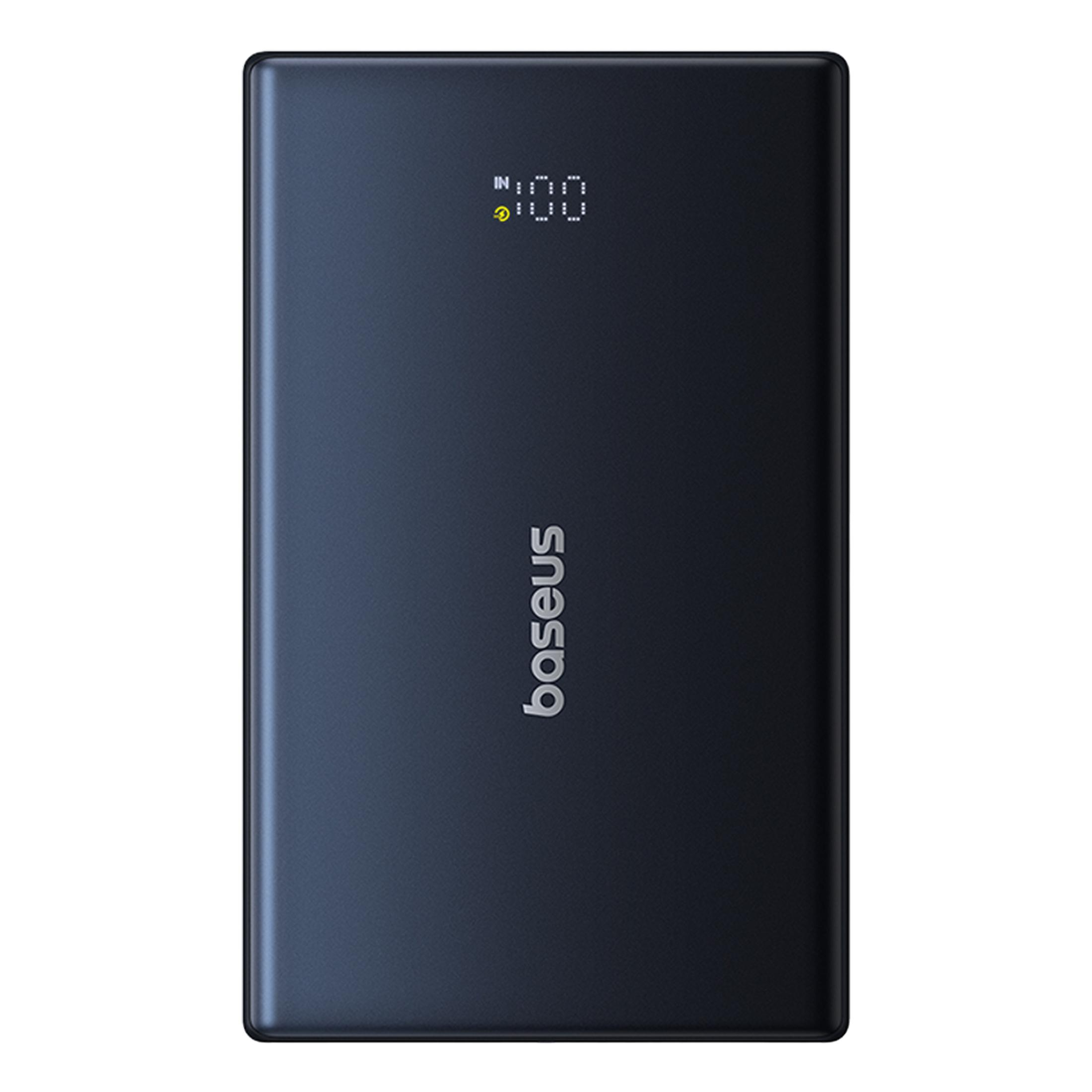 Power bank Baseus azul oscuro con pantalla digital.