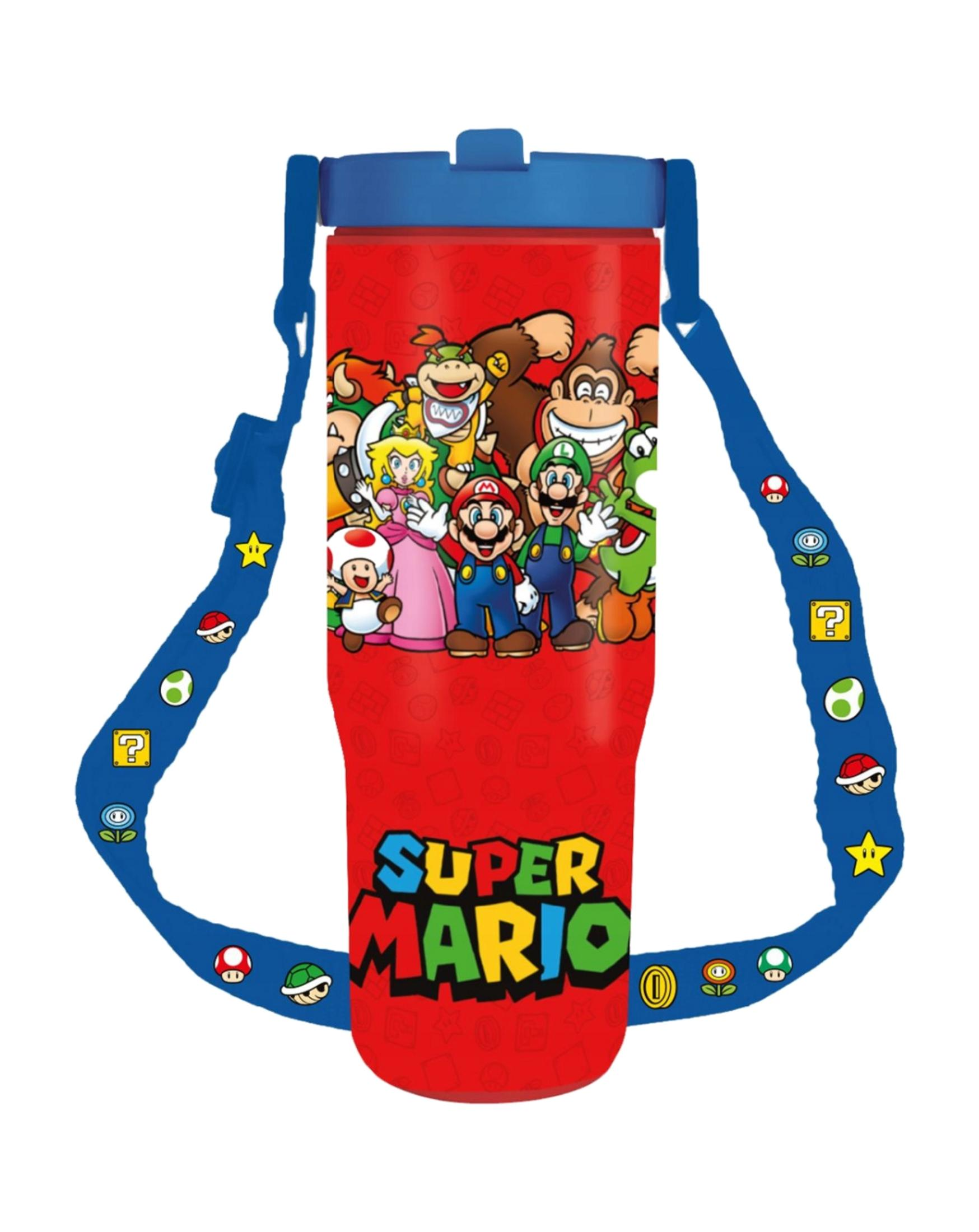 Czerwona butelka na wodę z postaciami Super Mario i niebieskim paskiem z ikonami.