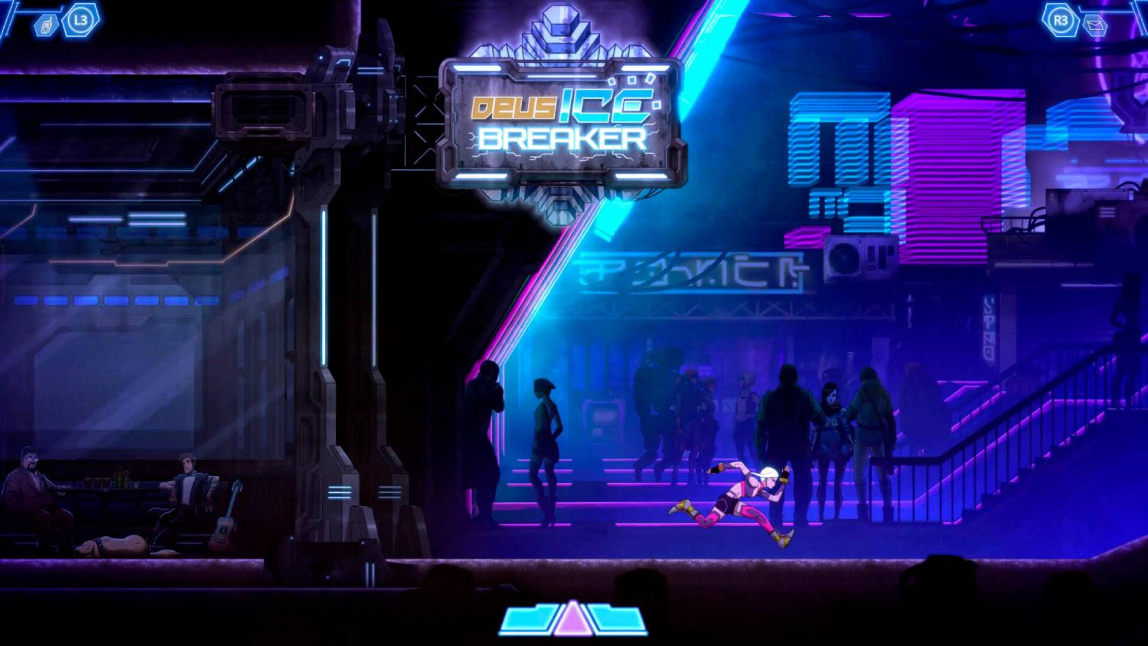 Scena cyberpunk con edifici al neon, persone e un corridore.