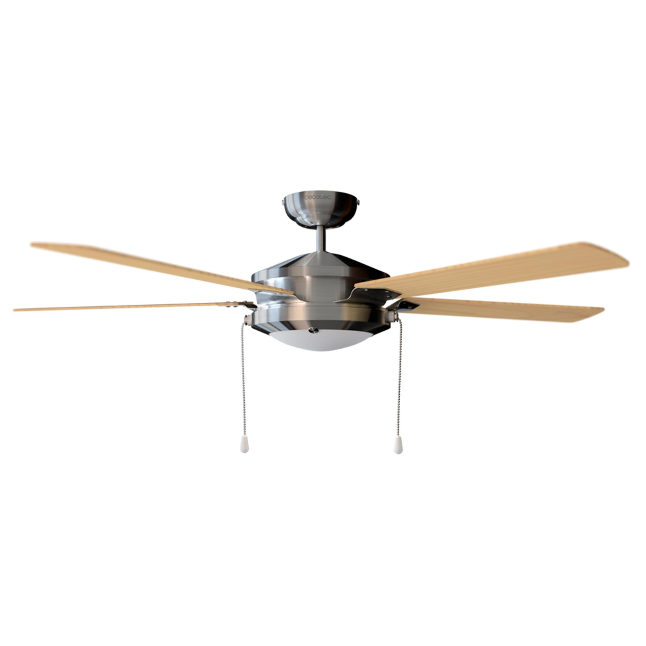 A ceiling fan with five wooden blades and a light fixture.