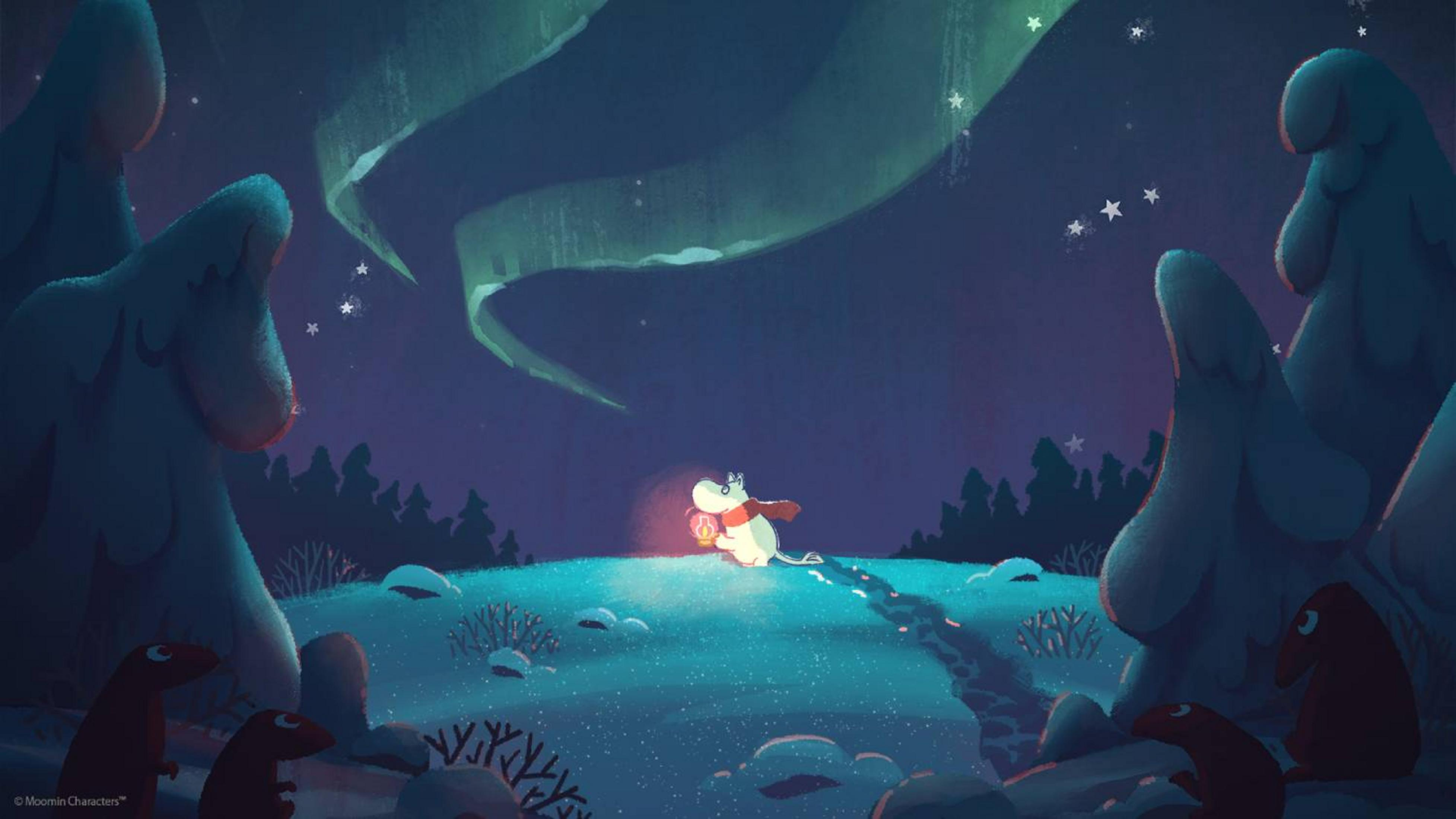 Un Mumin con linterna en la nieve bajo la aurora boreal, rodeado de árboles oscuros.