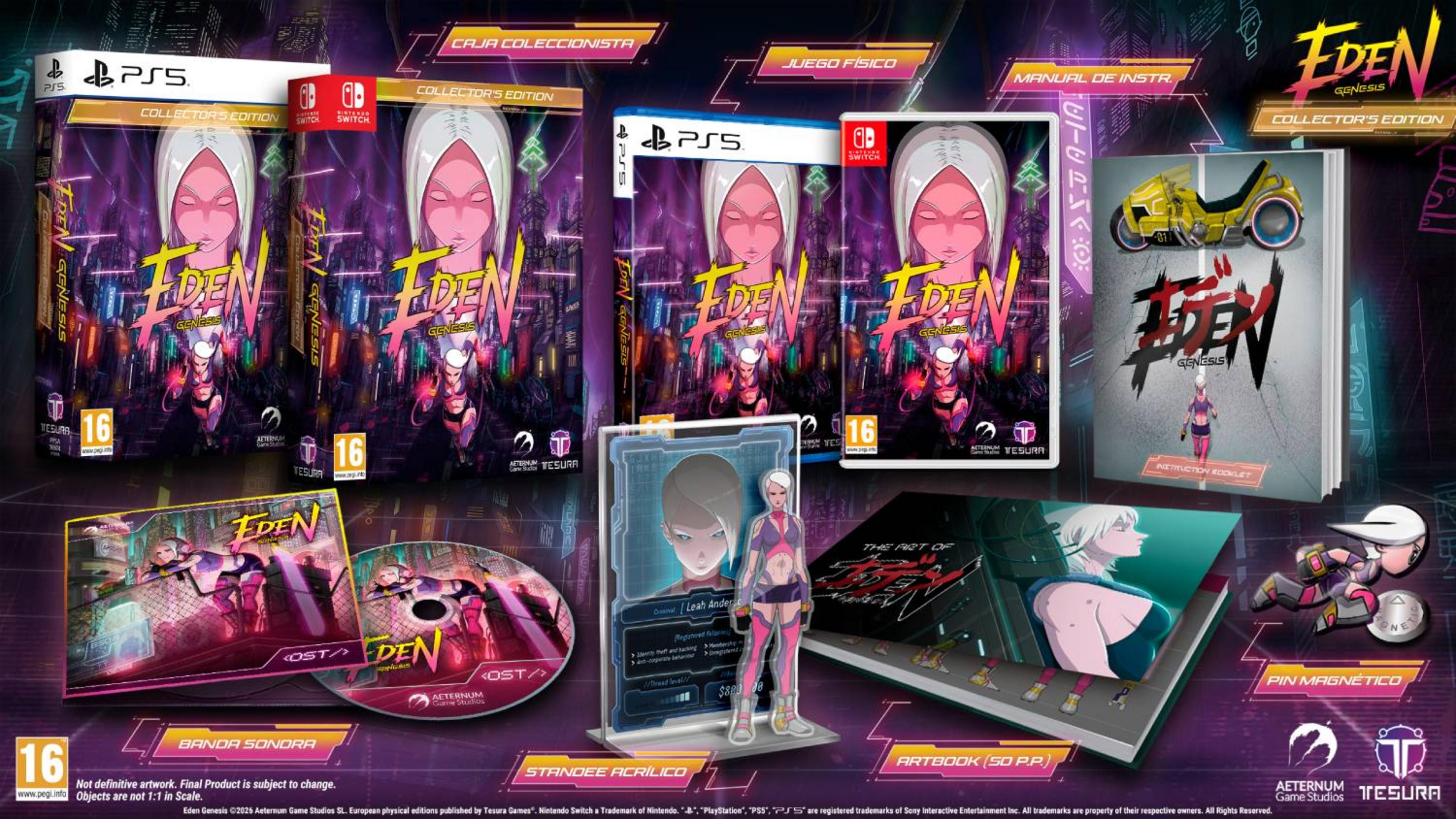 Confezione del gioco e oggetti da collezione per Eden Genesis per PS5 e Switch.