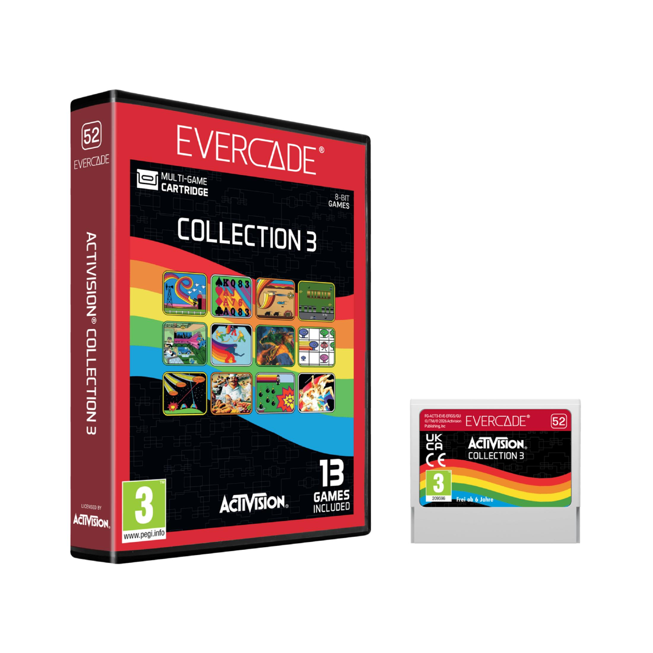 Custodia e cartuccia Evercade Collection 3 con icone di gioco e classificazione di età 3.