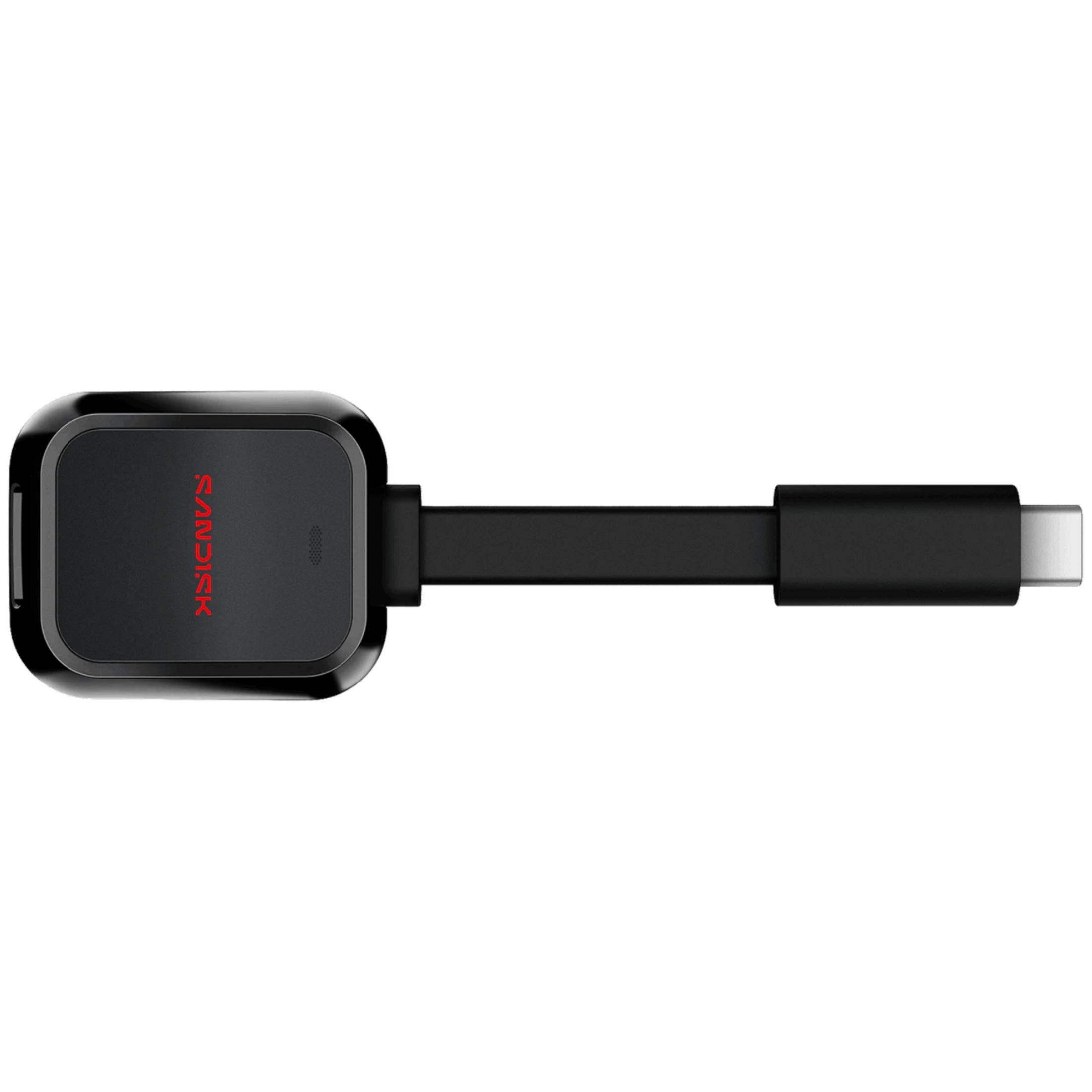 Lecteur de carte SanDisk USB-C noir avec logo rouge.