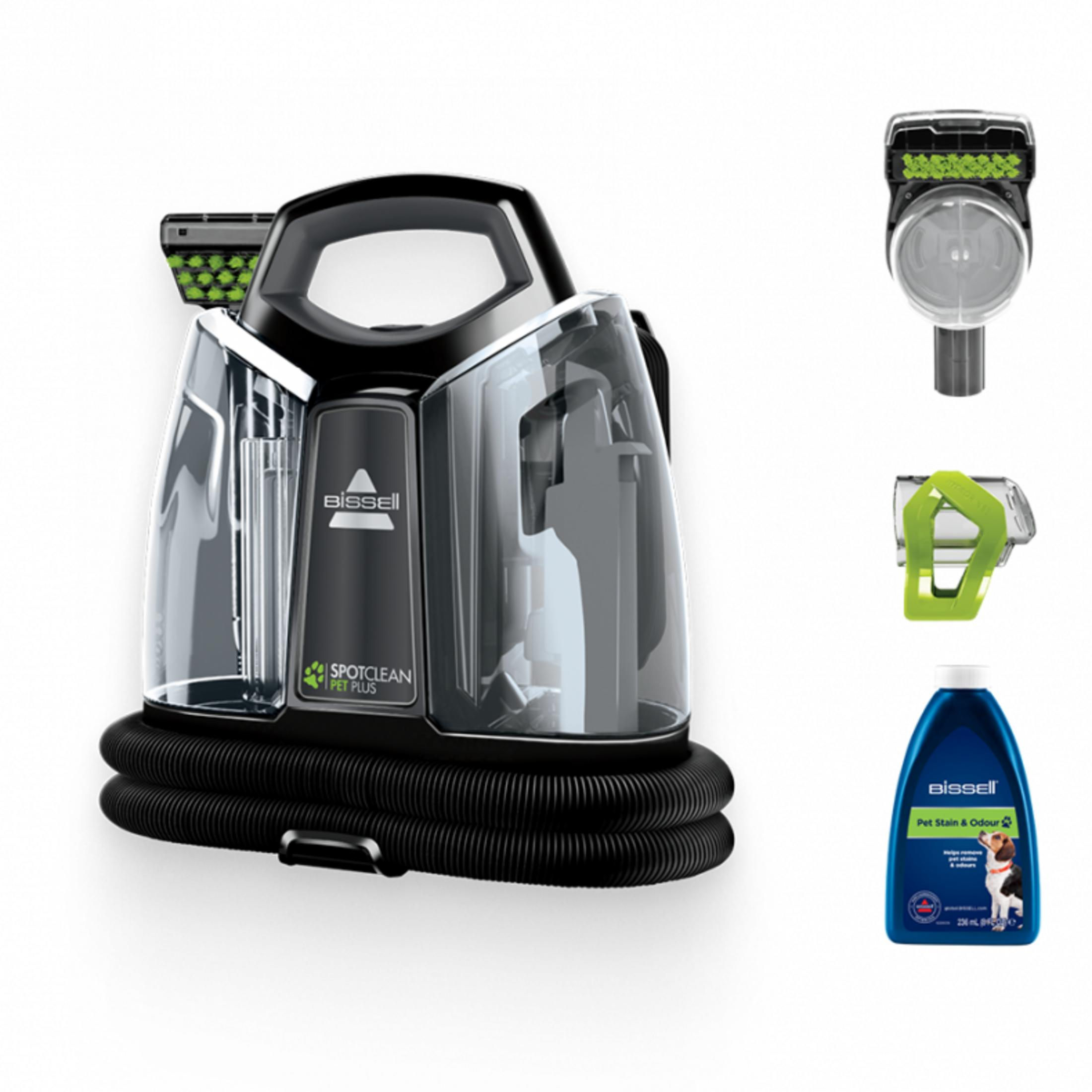 Un pulitore per tappeti Bissell SpotClean Pet Plus con tubo e flacone.