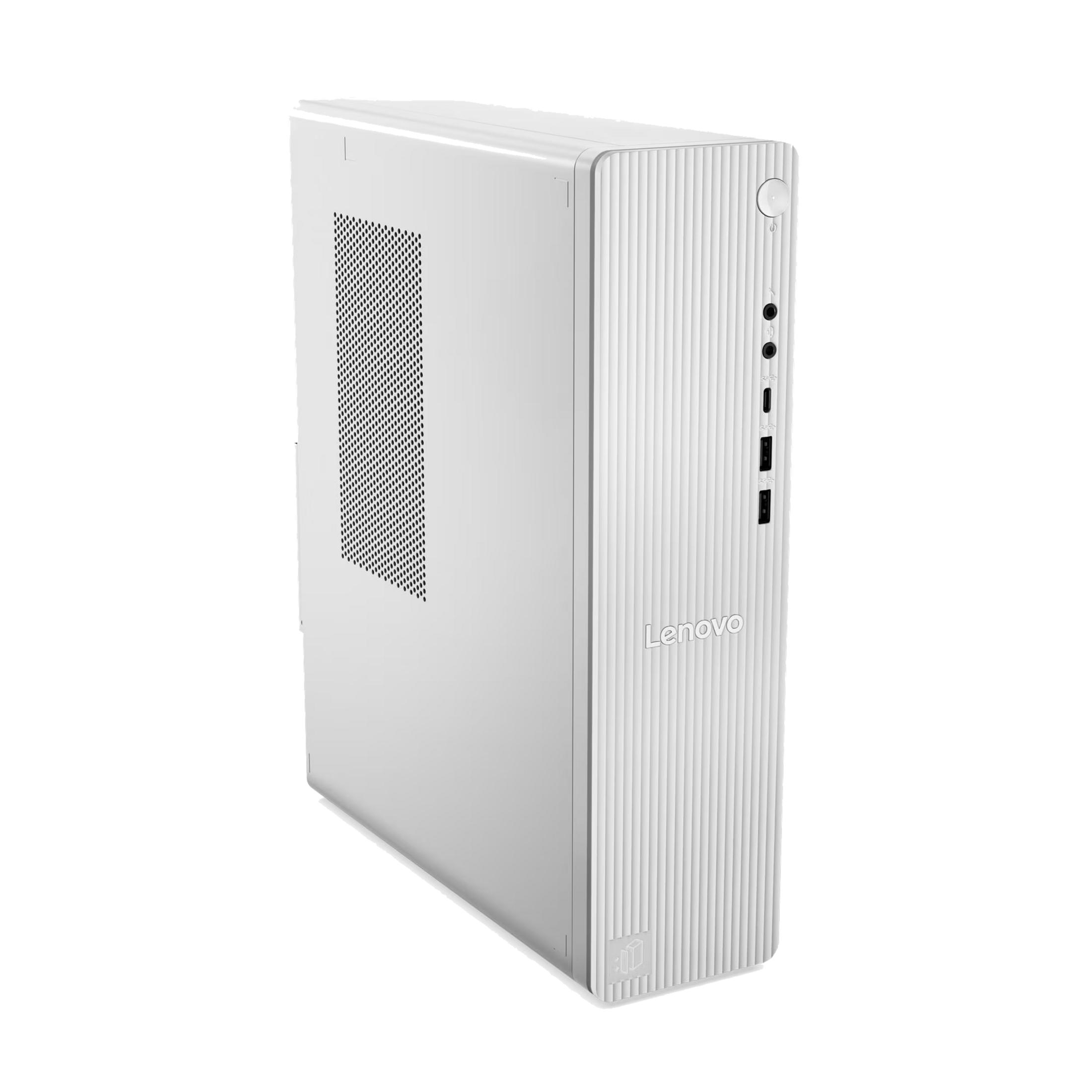 Un case desktop Lenovo bianco con scanalature verticali e griglia.